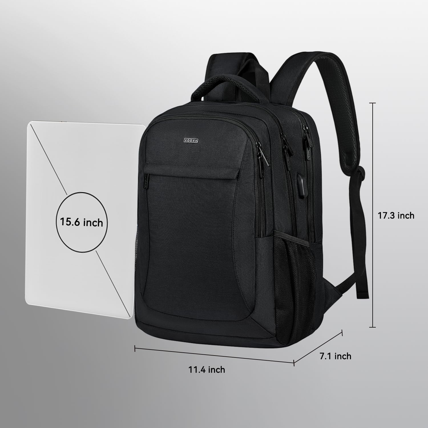 Voova Travel Laptop Backpack for Women & Men - USB Charging Port, Waterproof & Slim Design, Fits 15.6 Inch Laptops - Durable Business Work & College Computer Bag (Black) - Perfect for Commuting, Business Trips & School Use