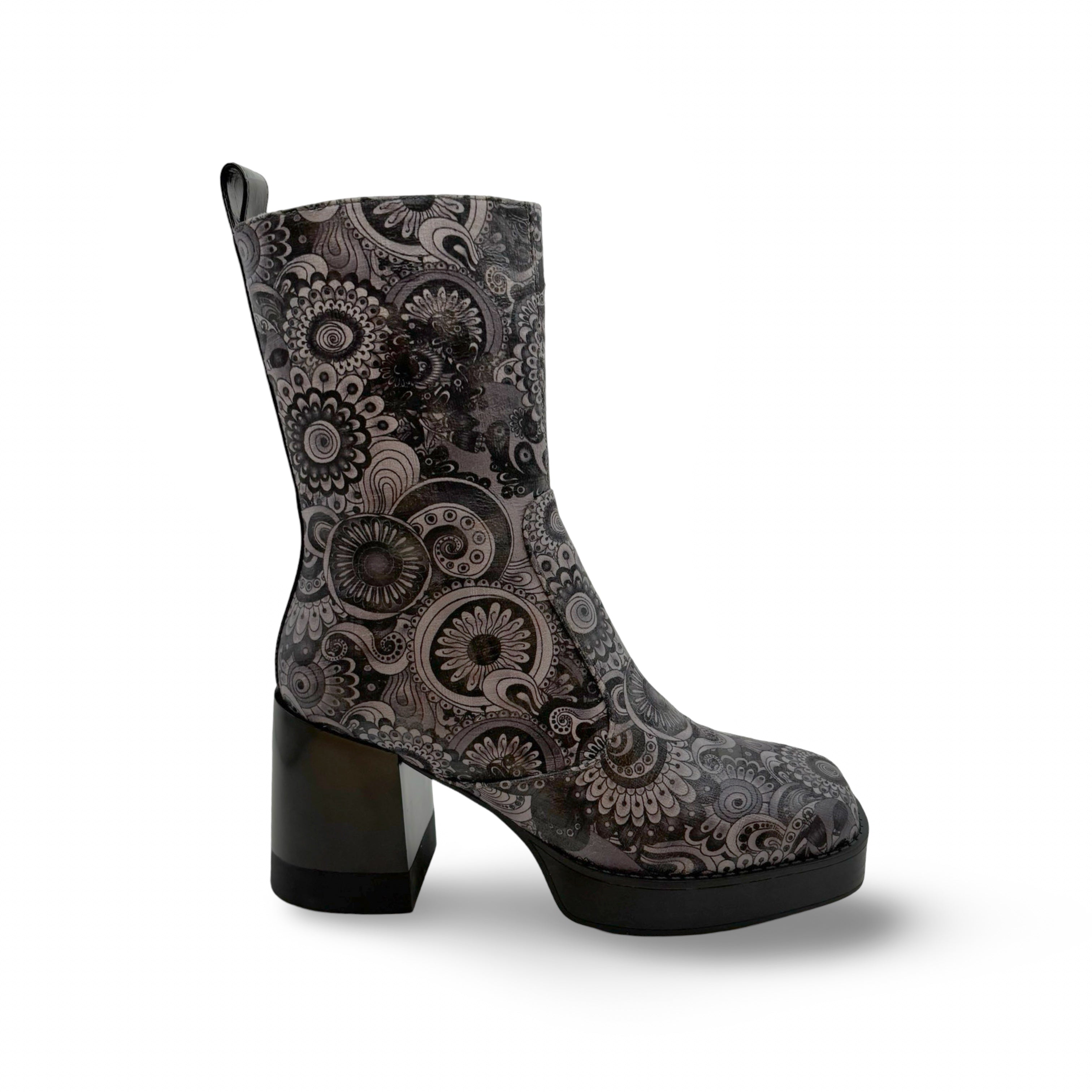 Waterproof Vegan Leather Floral Print Boots for Women - Black & Grey Fashion Ankle Boots - Perfect for Fall, Winter & Rainy Days