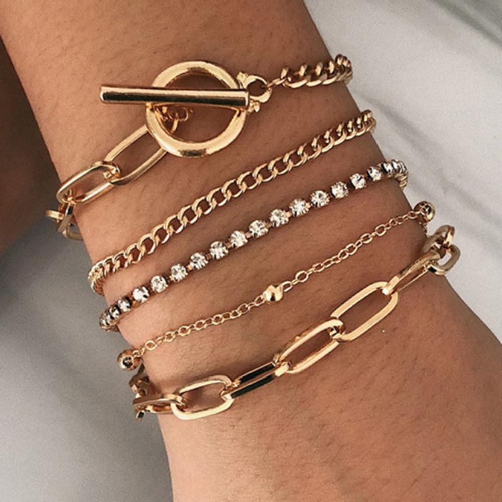 4 Pcs Stacking Gold Bracelets Set - Cuban Link, Paperclip Chain, Bead Chain & Punk Retro Layered Bracelets for Women & Teens | Trendy Layered Jewelry for Everyday Wear, Parties & Gifts