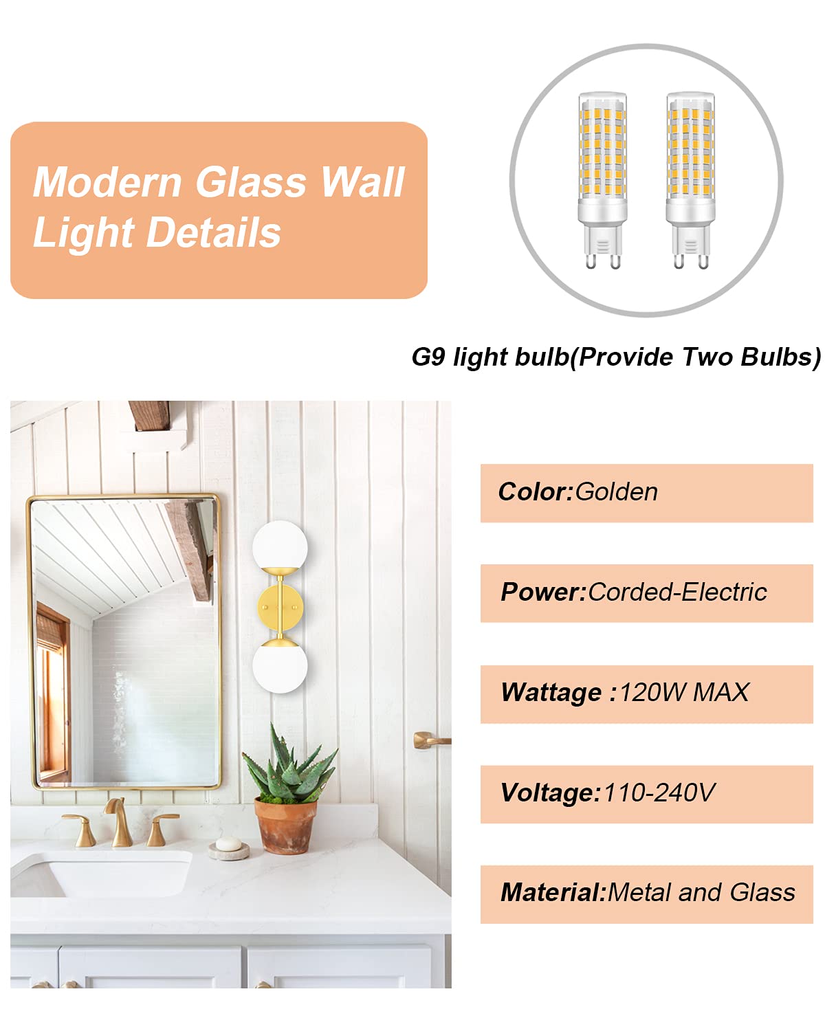 Tipace Gold Wall Sconce 2 Lights - Modern Globe Wall Light Fixture with 3000K G9 Bulbs Included - Mid Century Golden Wall Sconce for Restaurant, Living Room, Bedside, Stairs & Bathroom Mirror Lighting - Perfect for Ambient, Accent and Decorative Lighting