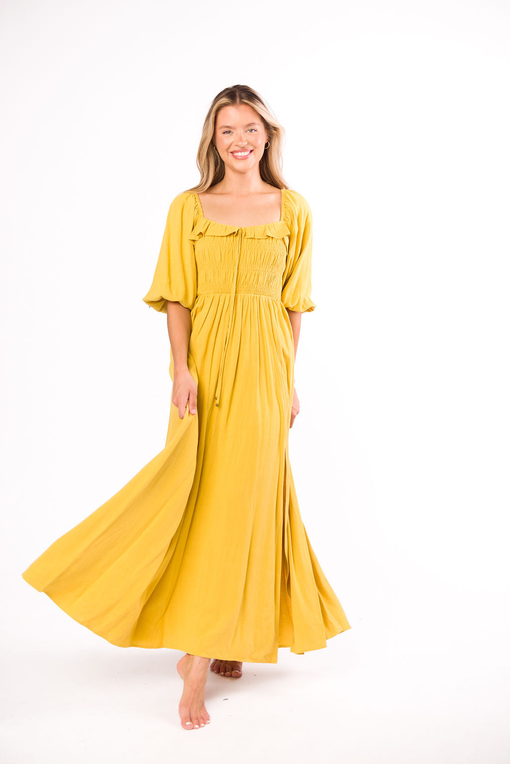 Devon Smocked Maternity Maxi Dress in Mustard Yellow - Bump Friendly Flowy Summer Dress for Pregnancy, Beach & Special Occasions