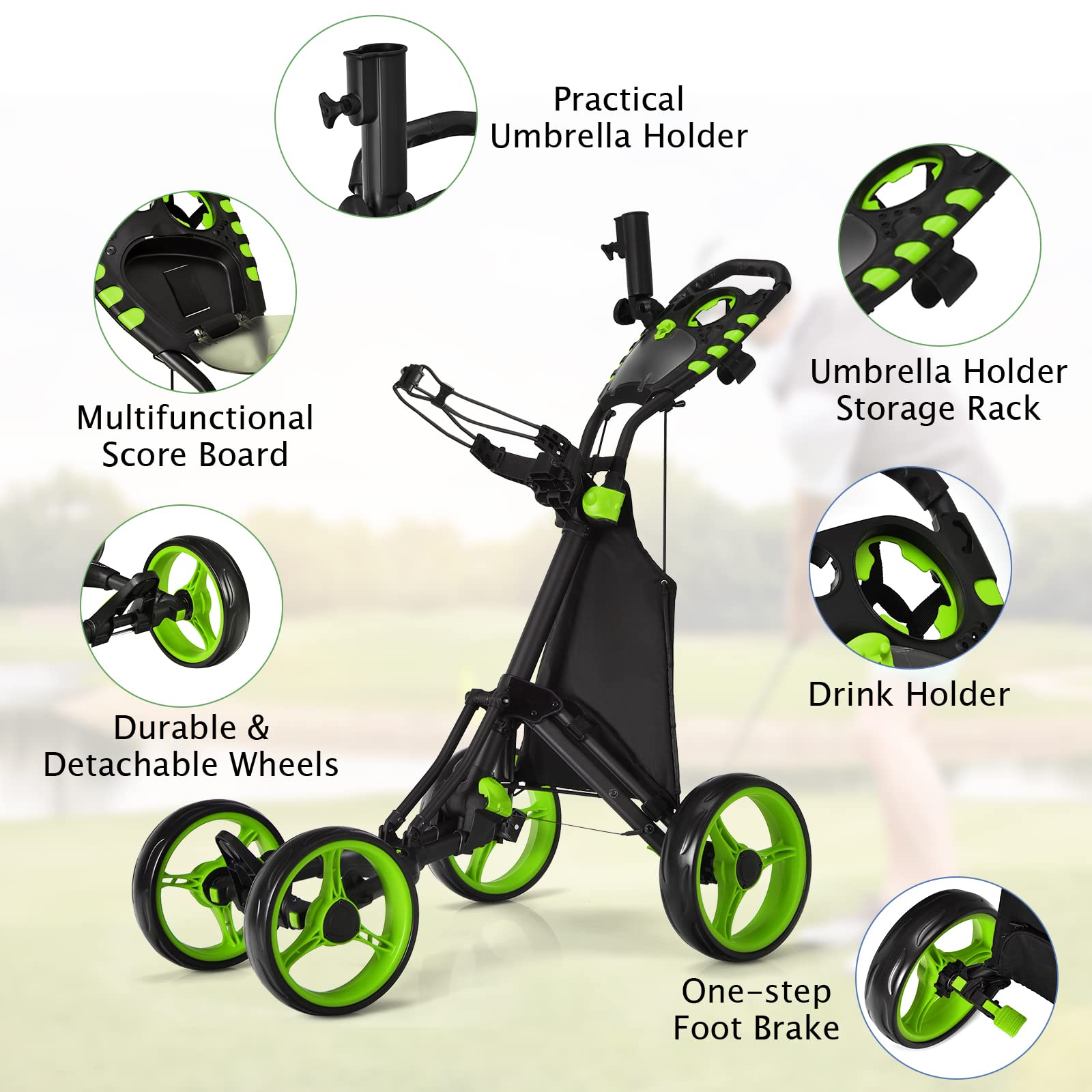Tangkula Lightweight Aluminum Golf Push Pull Cart - 4 Wheel Collapsible Golf Trolley with Foot Brake, Adjustable Handle, Cup & Umbrella Holder - Perfect for Golf Courses, Driving Ranges & Outdoor Practice