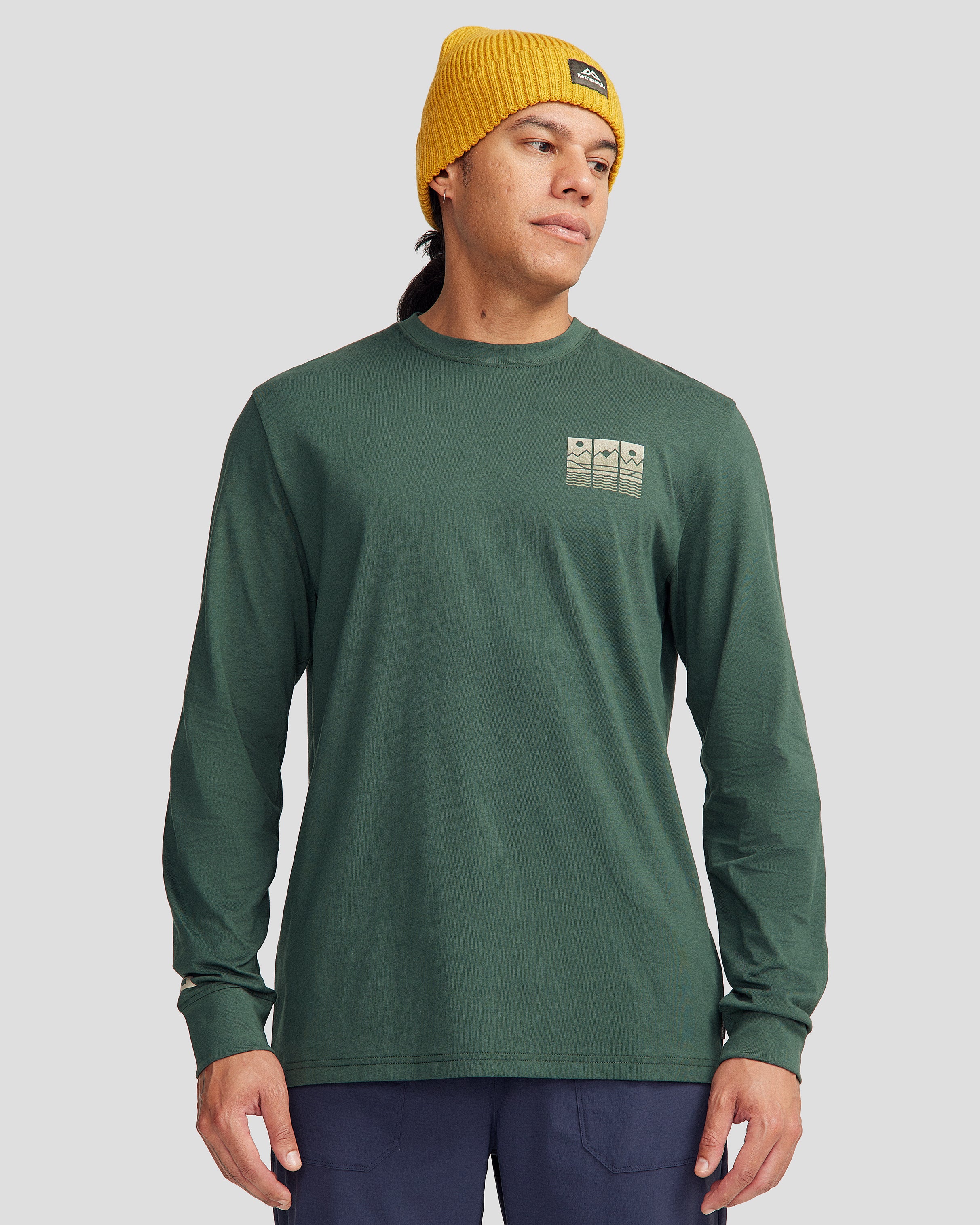 Men's Organic Cotton Long Sleeve T-Shirt - Mountain Triptych Design - Deep Forest Green - Hiking & Outdoor Adventure Wear
