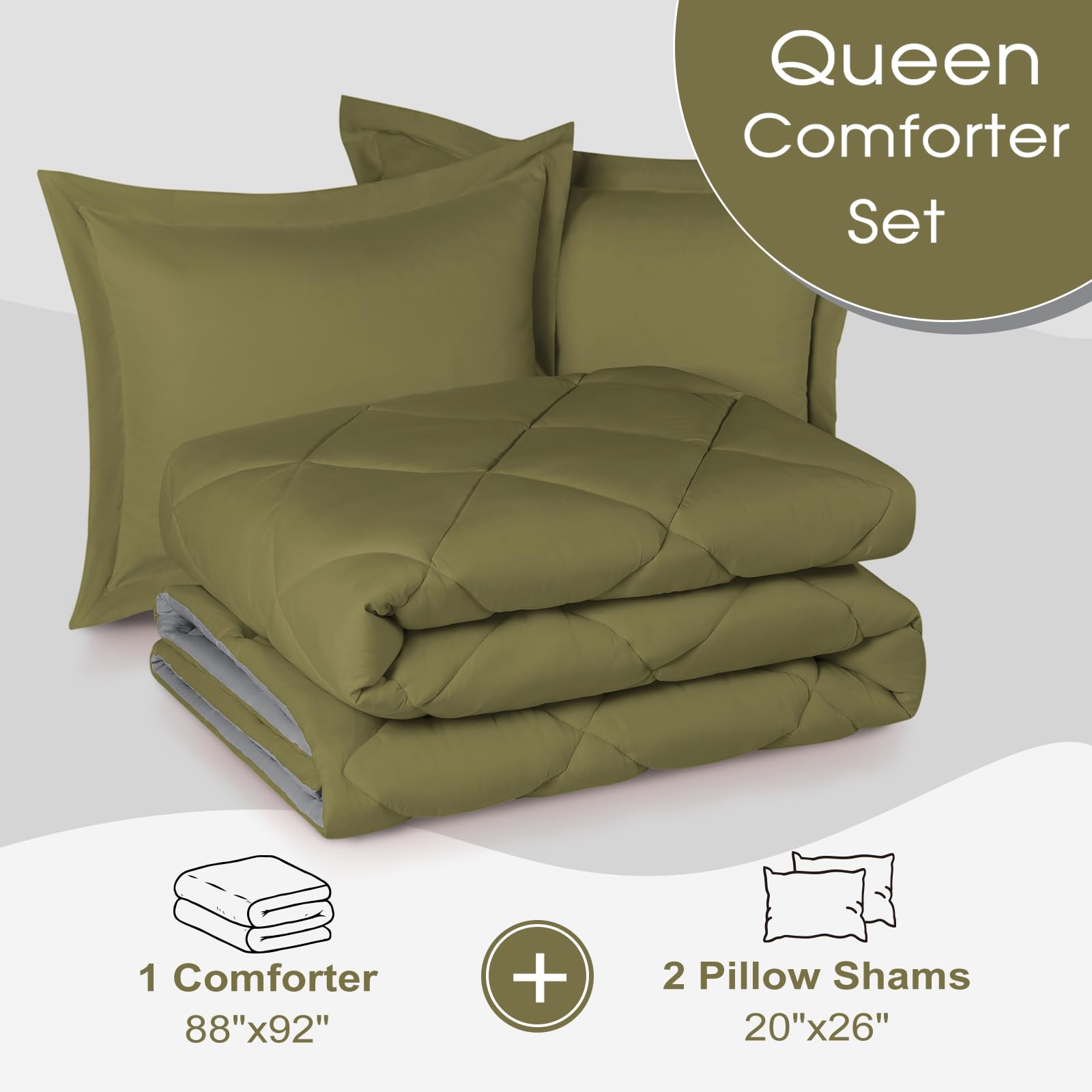 Reversible Queen Comforter Set - Olive Green & Charcoal Gray All-Season Bedding, 88