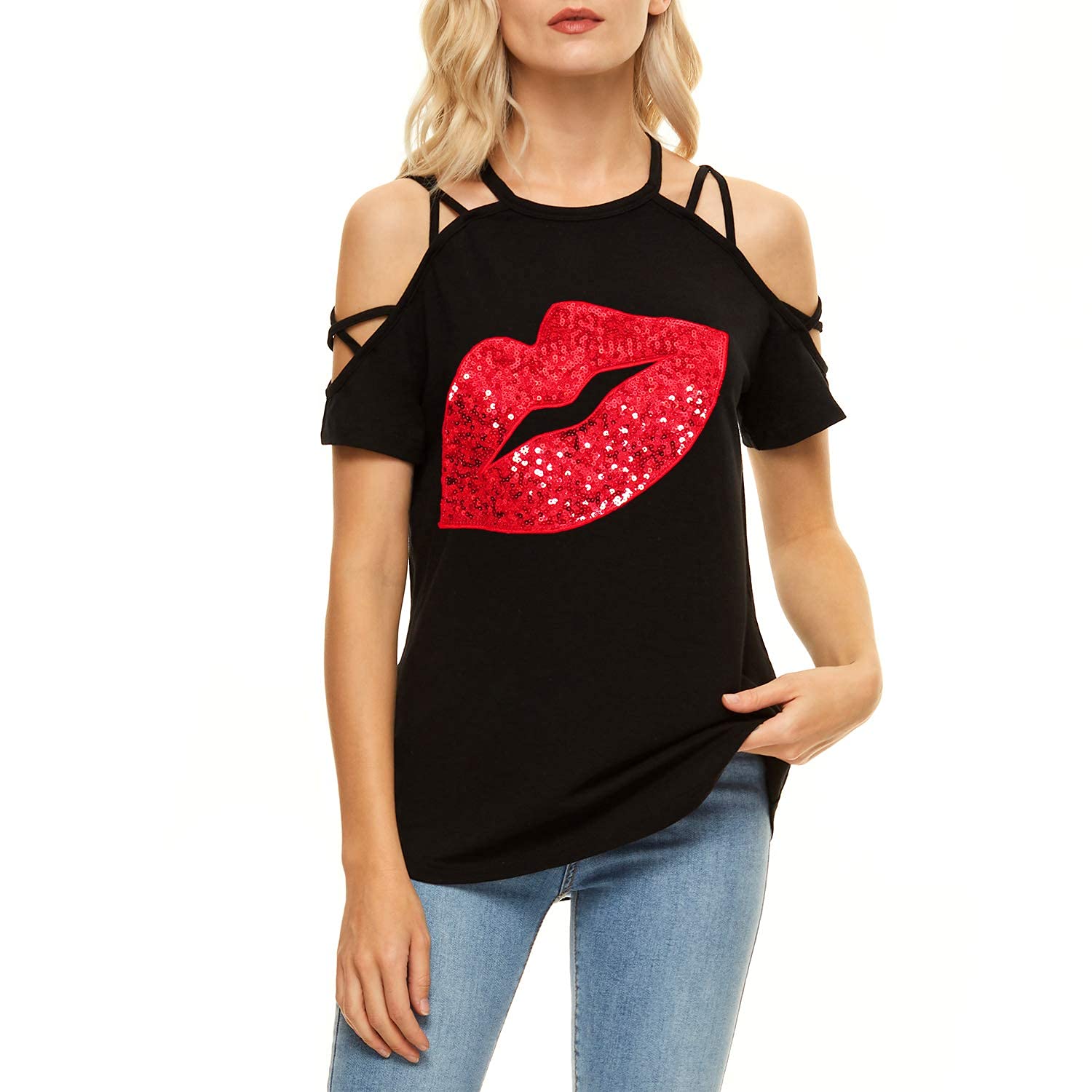 PESION Women's Off The Shoulder Tops - Sexy Shiny Blouses with Long & Short Sleeves - Fashion Graphic T-Shirts for Casual Wear, Night Out & Party Outfits