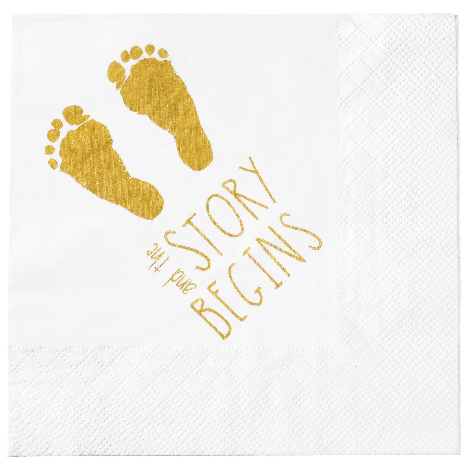 100 Premium Gold Baby Shower Napkins - 6.5 x 6.5 Inch Large Gender Reveal Party Supplies - 'And The Story Begins' Theme - Perfect for Baby Showers, Gender Reveal Parties & Celebrations