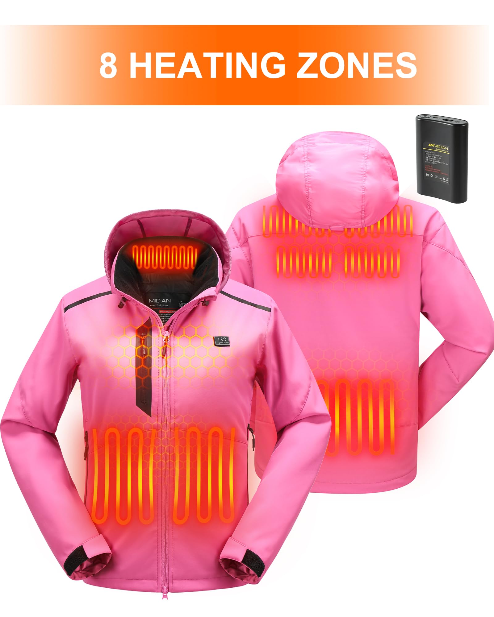 Women's Heated Jacket with 8 Heat Zones & Battery Pack - Soft Shell Down Insulated Winter Coat, Foldable Hood & Overheat Protection - Perfect for Outdoor Activities, Skiing, Hiking & Cold Weather Commutes