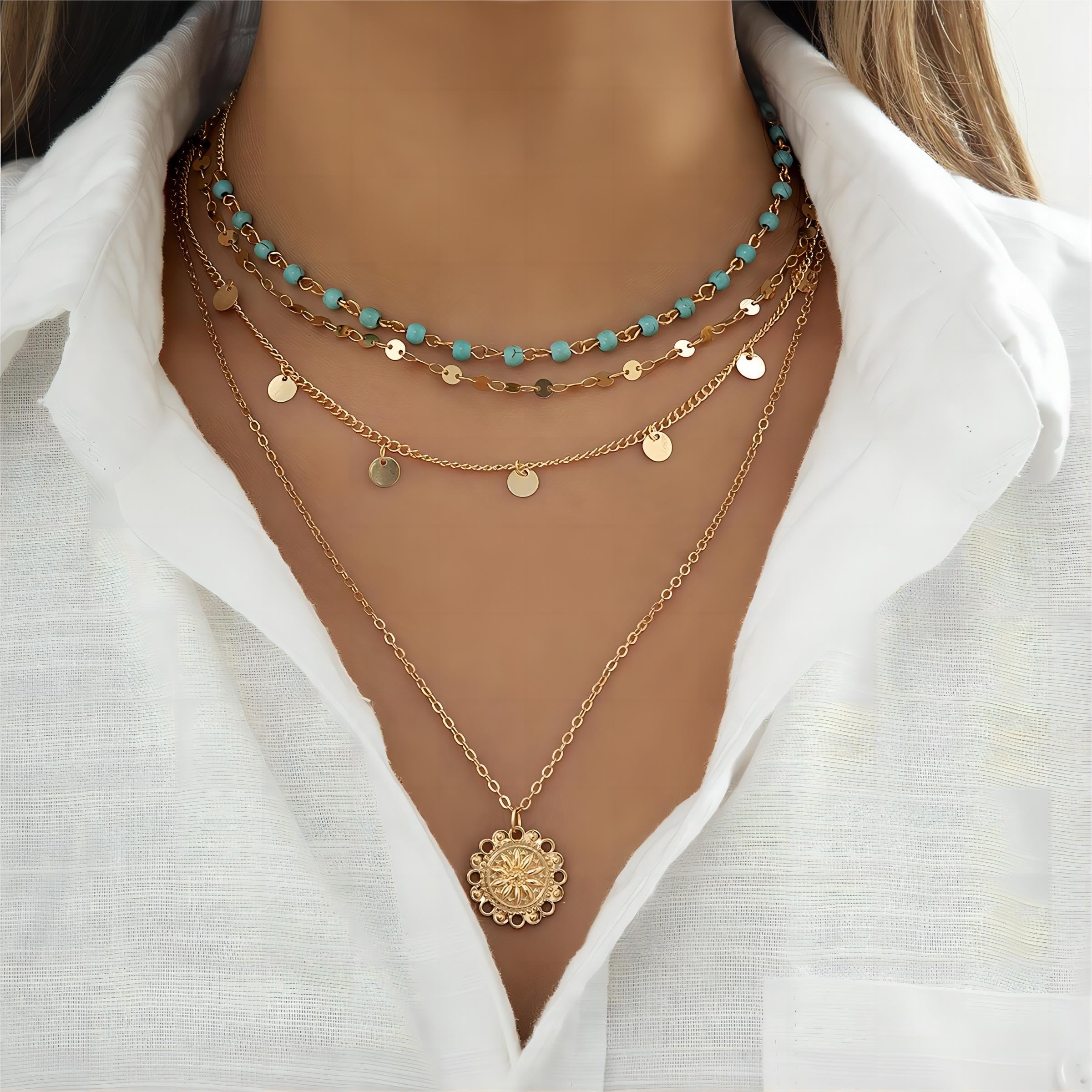 Boho Necklace for Women - Layered Turquoise Y-Shape Long Necklace - Western Style Jewelry for Country Concerts, Beach Outfits & Gift Giving
