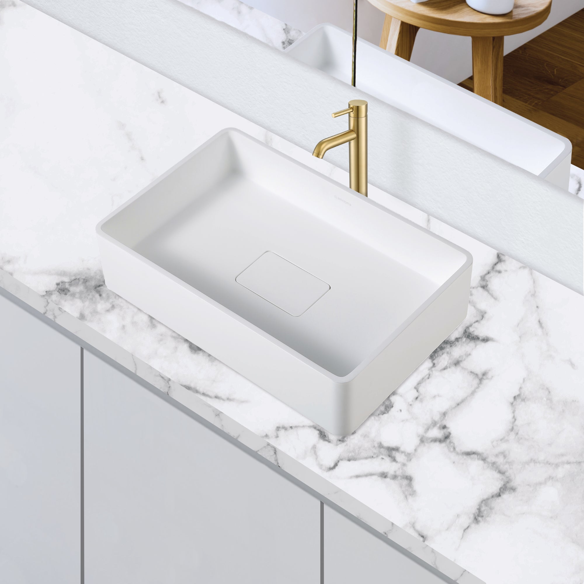 Ancona Holbrook White Ceramic Vessel Bathroom Sink with Brushed Champagne Gold Single Hole Faucet - Modern Vanity Basin for Powder Room, Guest Bath & Master Bathroom Decor