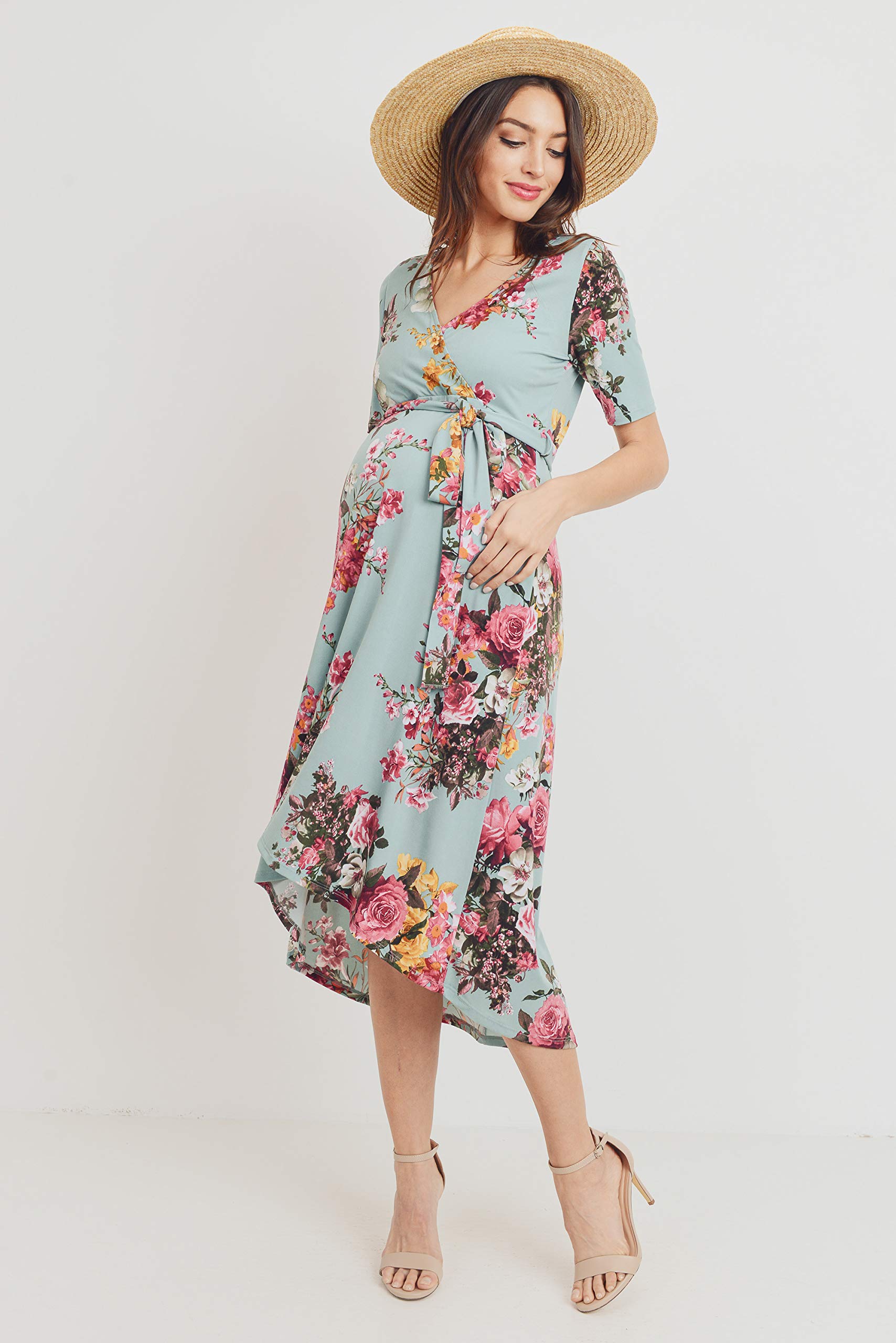 Maternity Wrap Dress for Women - Stretchy Mid-Length Nursing Dress with Adjustable Waist Belt | Perfect for Pregnancy, Breastfeeding & Postpartum Wear