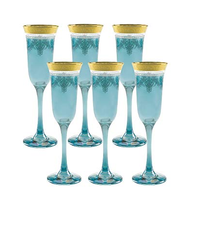 Elegant Modern Glass Drinkware Set - 9 oz. Blue Champagne Flutes with Gold Band, Set of 6 - Perfect for Parties, Weddings & Special Events