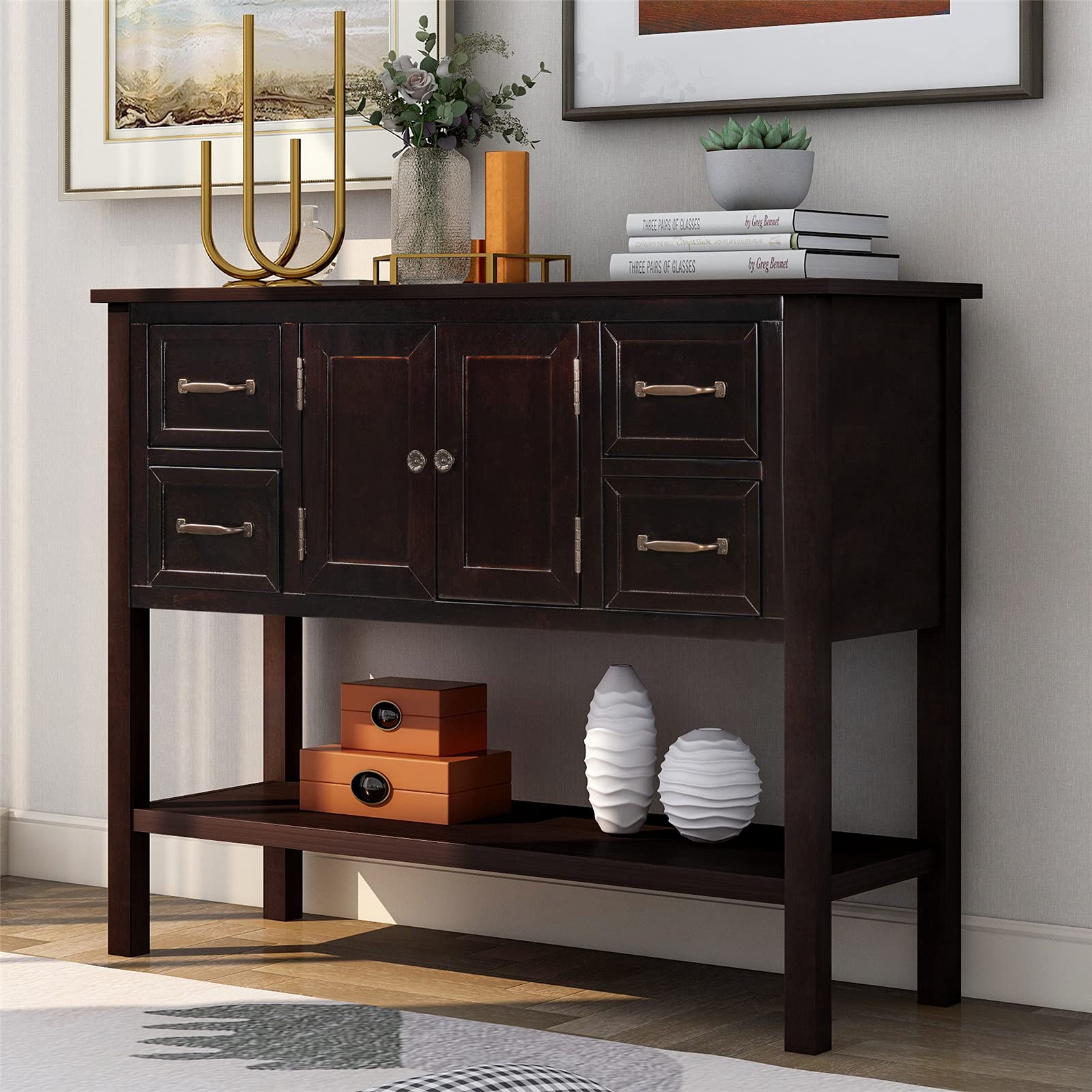 43'' Wide Henf Solid Wood Modern Console Table with Cabinet, 4 Drawers & Shelf - Contemporary Buffet Cabinet for Living Room, Entryway & Bedroom (Espresso) - Perfect for Home Decor, Storage & Display in Hallways, Dining Areas