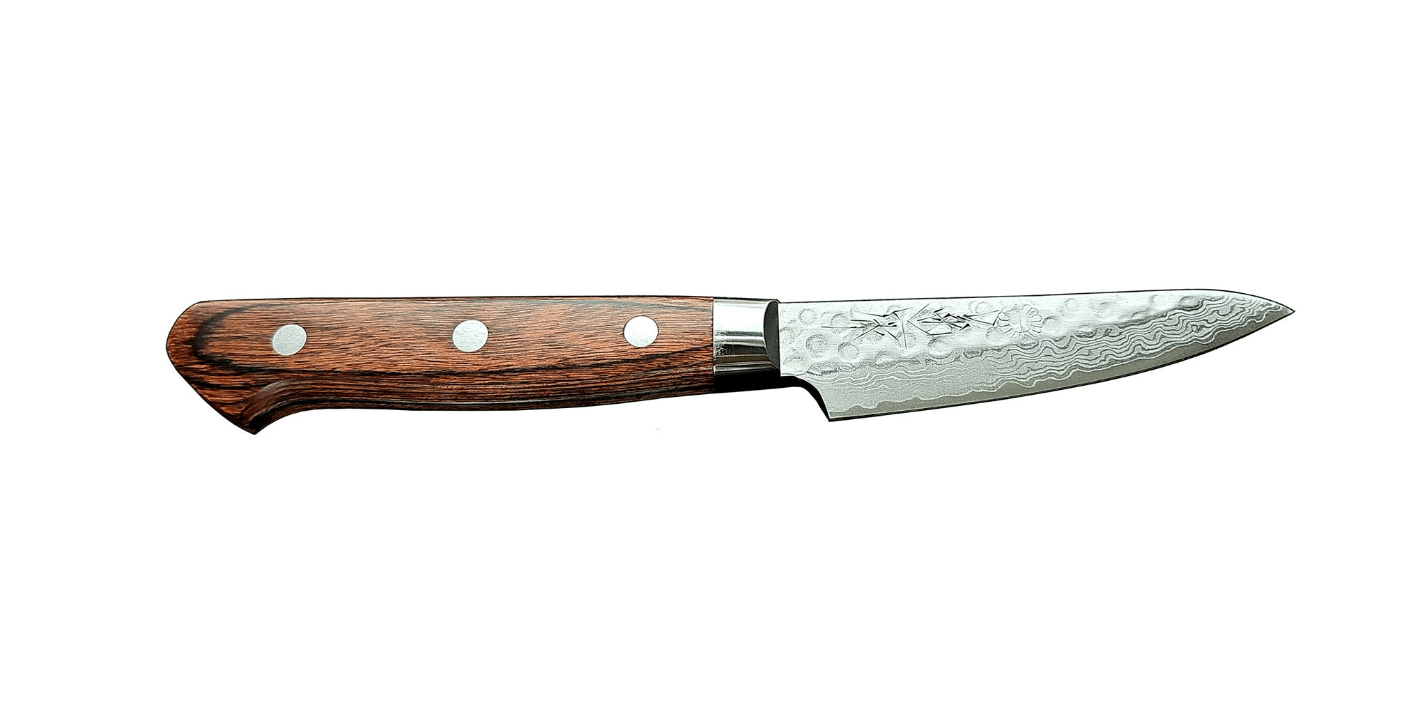 Kikuichi Warikomi Damascus Tsuchime Paring Knife with Mahogany Handle - Premium Japanese Kitchen Knife for Peeling, Slicing & Precision Cutting