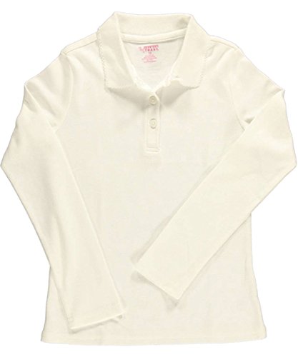 French Toast Big Girls' Long Sleeve Fitted Knit Polo Shirt with Picot Collar - White, Size 14/16 - Perfect for School Uniforms, Casual Wear & Special Occasions