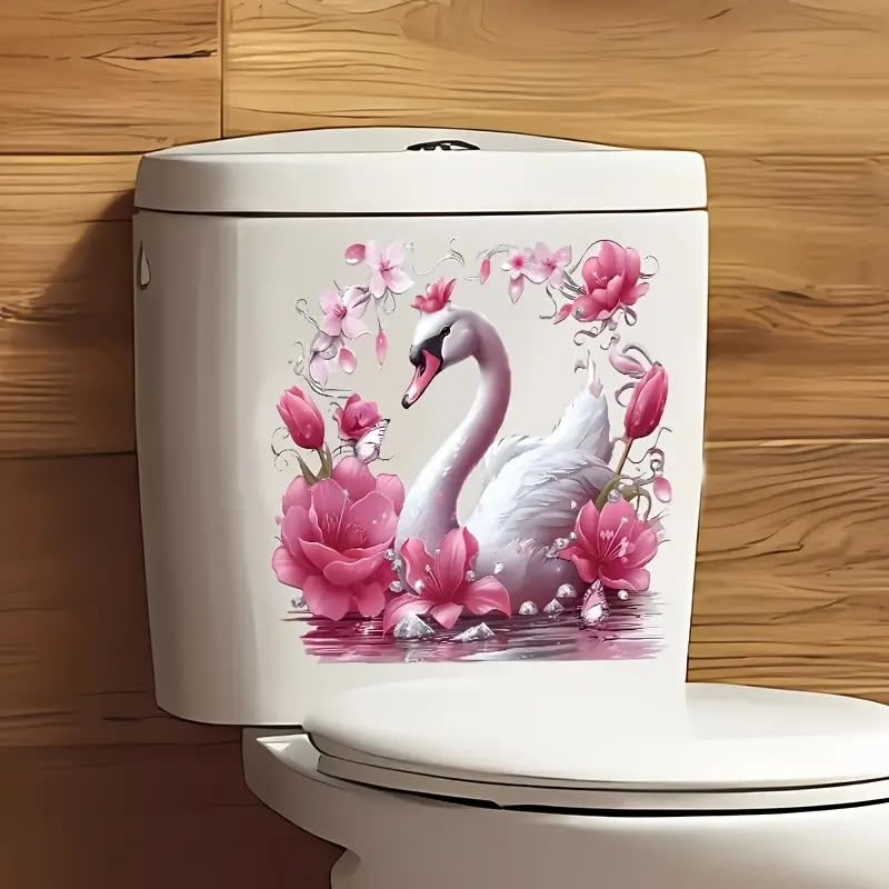 Waterproof Swan Blossoms Flower Toilet Cover Stickers - Spring Floral Leaf Butterfly Bathroom Decals for Toilet Lid, Tank & Seat | Self-Adhesive Vinyl Wall Stickers for Bathroom Decor (Home, Apartment, RV)
