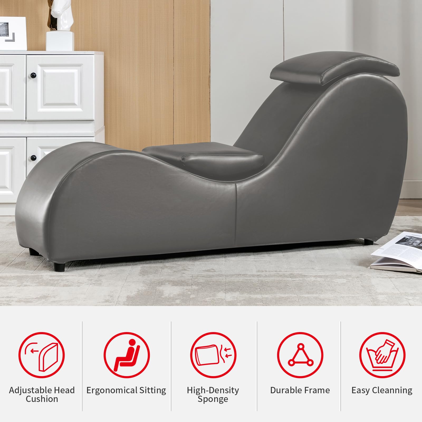 Premium MUZZ Yoga Chaise Chair with Adjustable Cushion - Modern Faux Leather Lounge Chair for Stretching & Relaxation - Grey PVC Chaise Lounge for Living Room, Bedroom & Home Gym - Perfect for Yoga, Meditation & Reading
