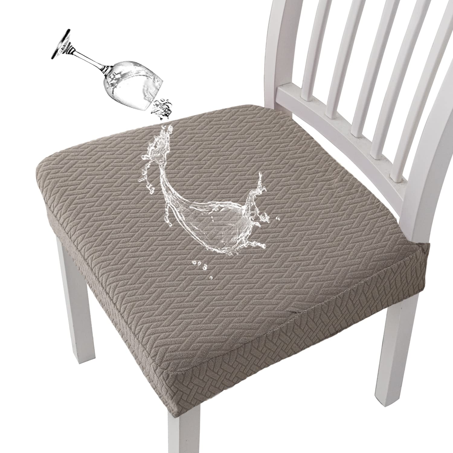 Stretch Jacquard Waterproof Dining Chair Seat Covers Set of 4 - Taupe Kitchen Chair Slipcovers for Dining Room & Home Decor | Perfect for Family Gatherings & Dinner Parties