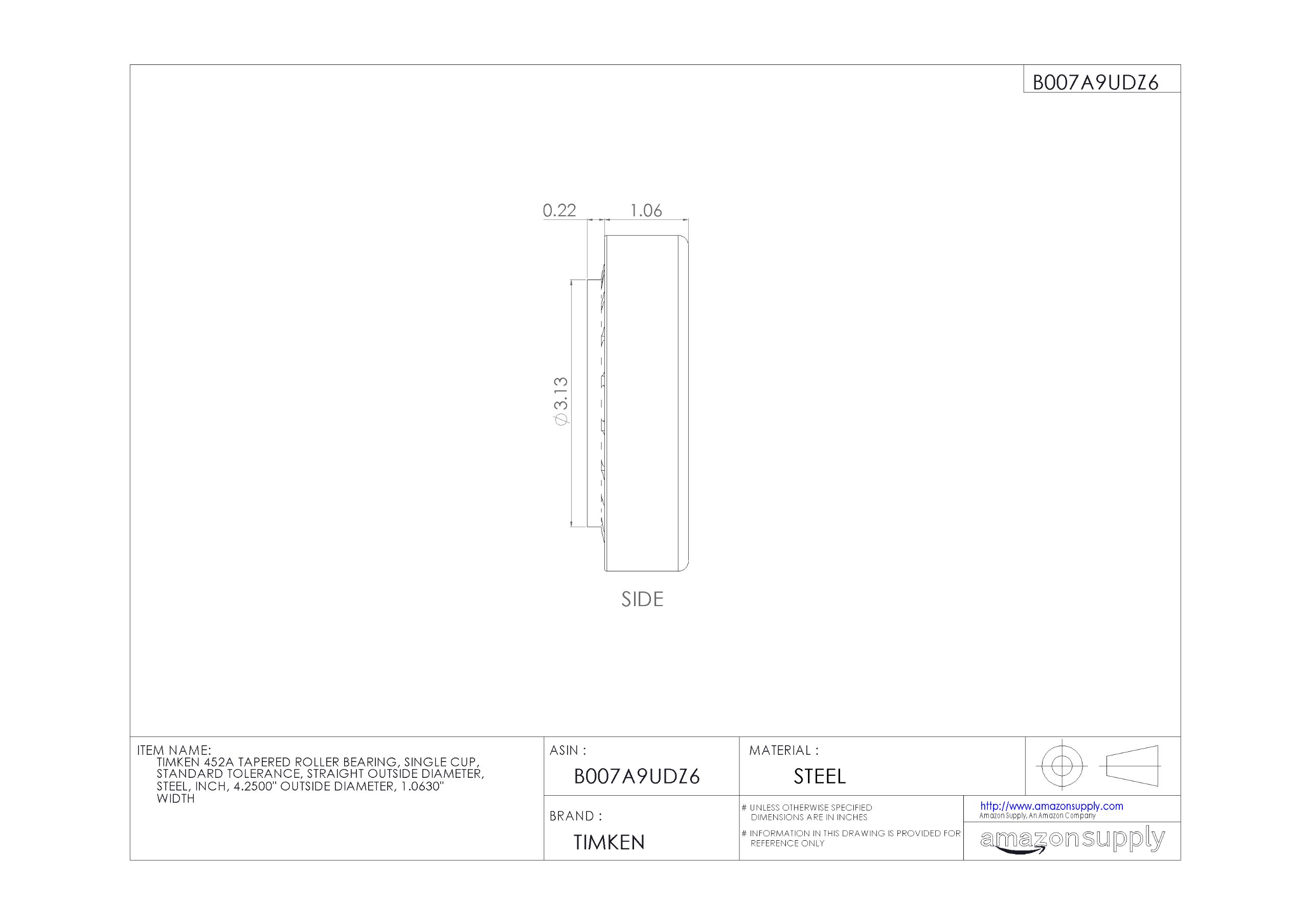 Timken 452A Tapered Roller Bearing - Single Cup, Standard Tolerance, Steel Construction, 4.25