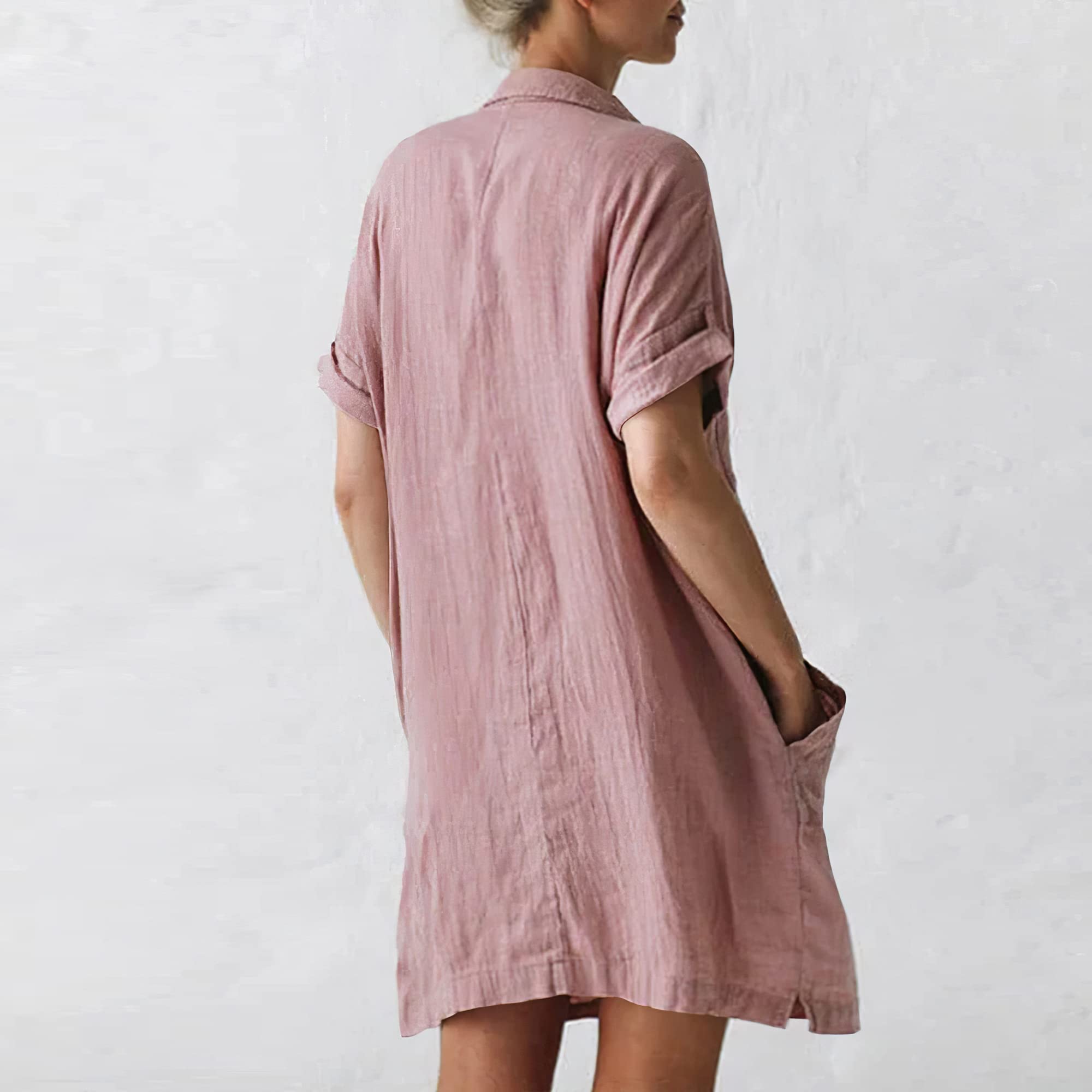 Women's Casual Cotton Linen Button Down Shirt Dress - Oversized Loose Short Sleeve Midi Beach Dress with 4 Pockets | Perfect for Summer Vacation, Beach Cover Up & Boho Style Outfits