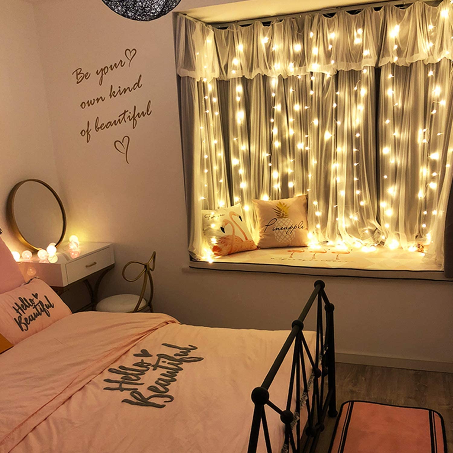 300 LED Fairy String Lights - 8 Lighting Modes USB Powered Curtain Lights for Christmas, Bedroom, Wedding & Party Decor - 9.8ft x 9.8ft Warm White - Perfect for Indoor/Outdoor Home Garden Decoration
