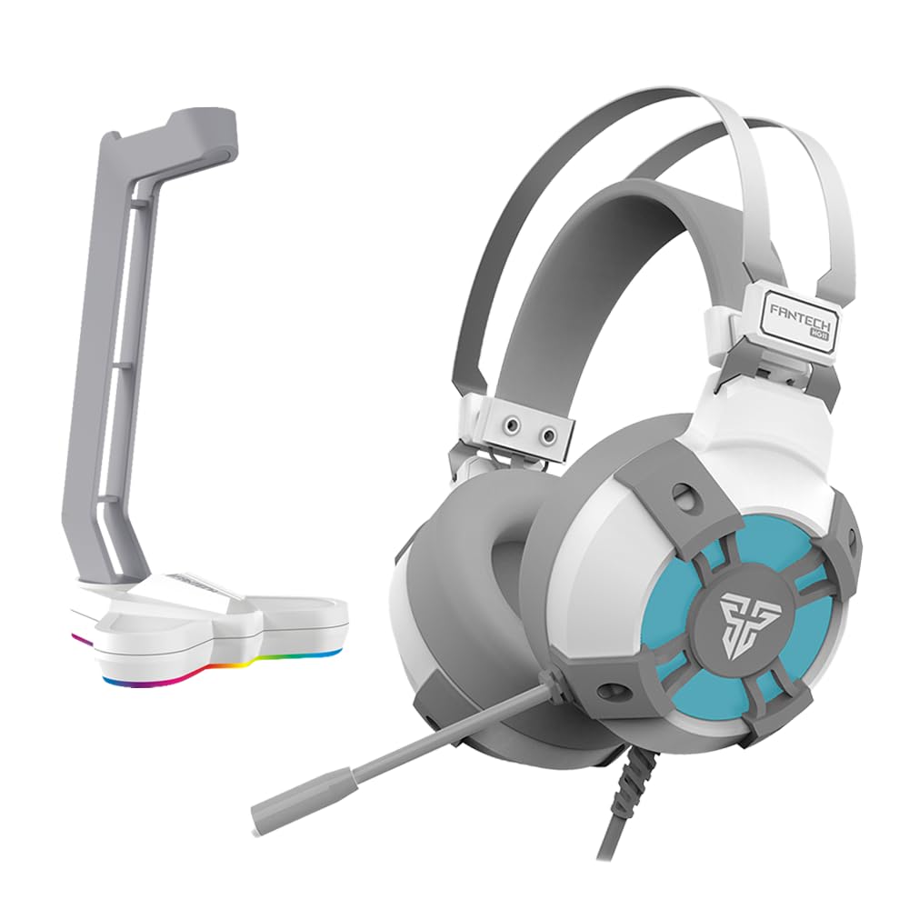 FANTECH USB RGB Gaming Headset with Stand - 7.1 Surround Sound Over-Ear Headphones with Mic & Hanger - 50mm Drivers, DTS Digital - White - Perfect for PC Gaming, Streaming & Office Work