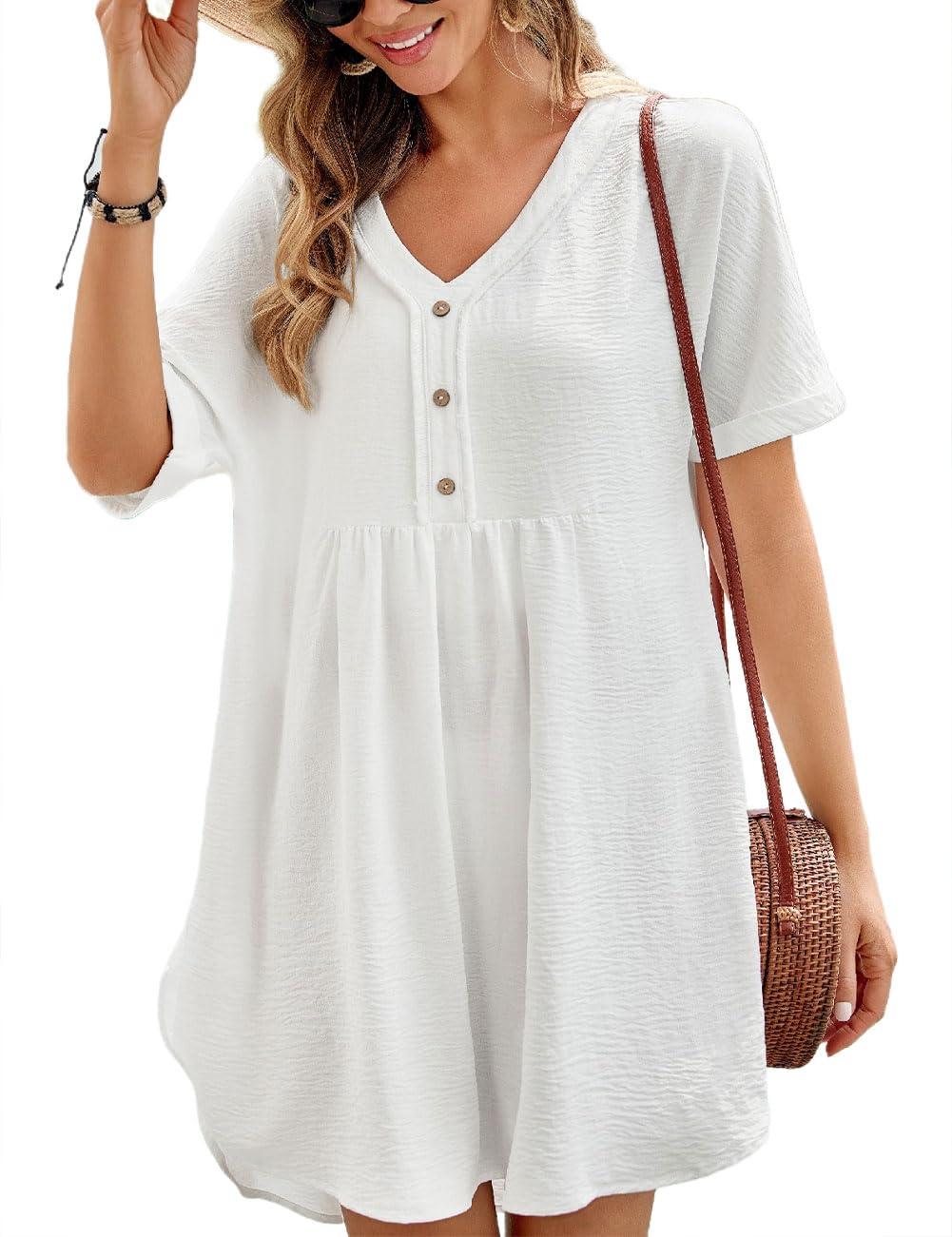 Bsubseach Women's Half Sleeve V-Neck Swim Cover Up - Lightweight Beach Coverup Dress for Bathing Suits, Poolside Lounging & Summer Vacations