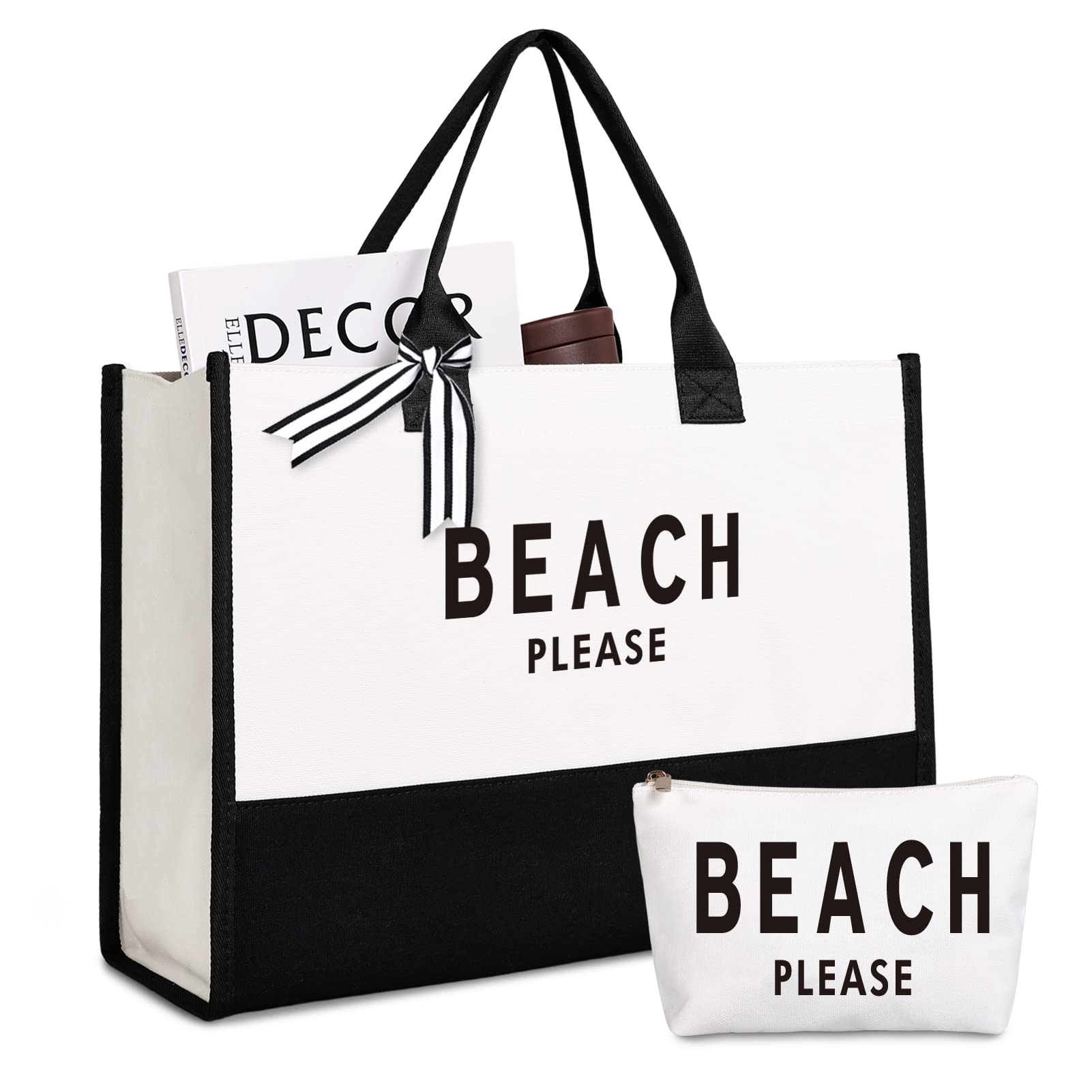 Lamyba Canvas Beach Tote Bag for Women - Large Waterproof Sandproof Beach Bag with Pockets - Perfect for Pool, Vacation & Summer Travel - Black and White Striped Design