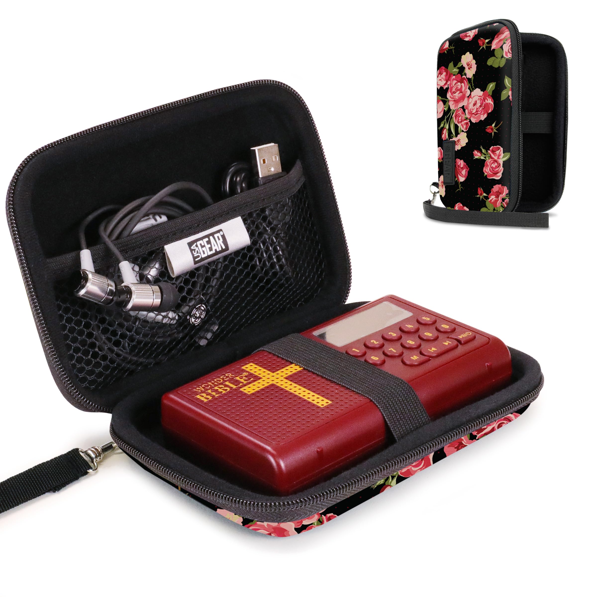 USA Gear Durable Hard Case for Wonder Bible KJV & NIV Talking Audio Bible Player - Protective Cover with Scratch-Resistant Interior, Wrist Strap (Case Only) - Rose Design - Perfect for Travel, Church & Daily Bible Study