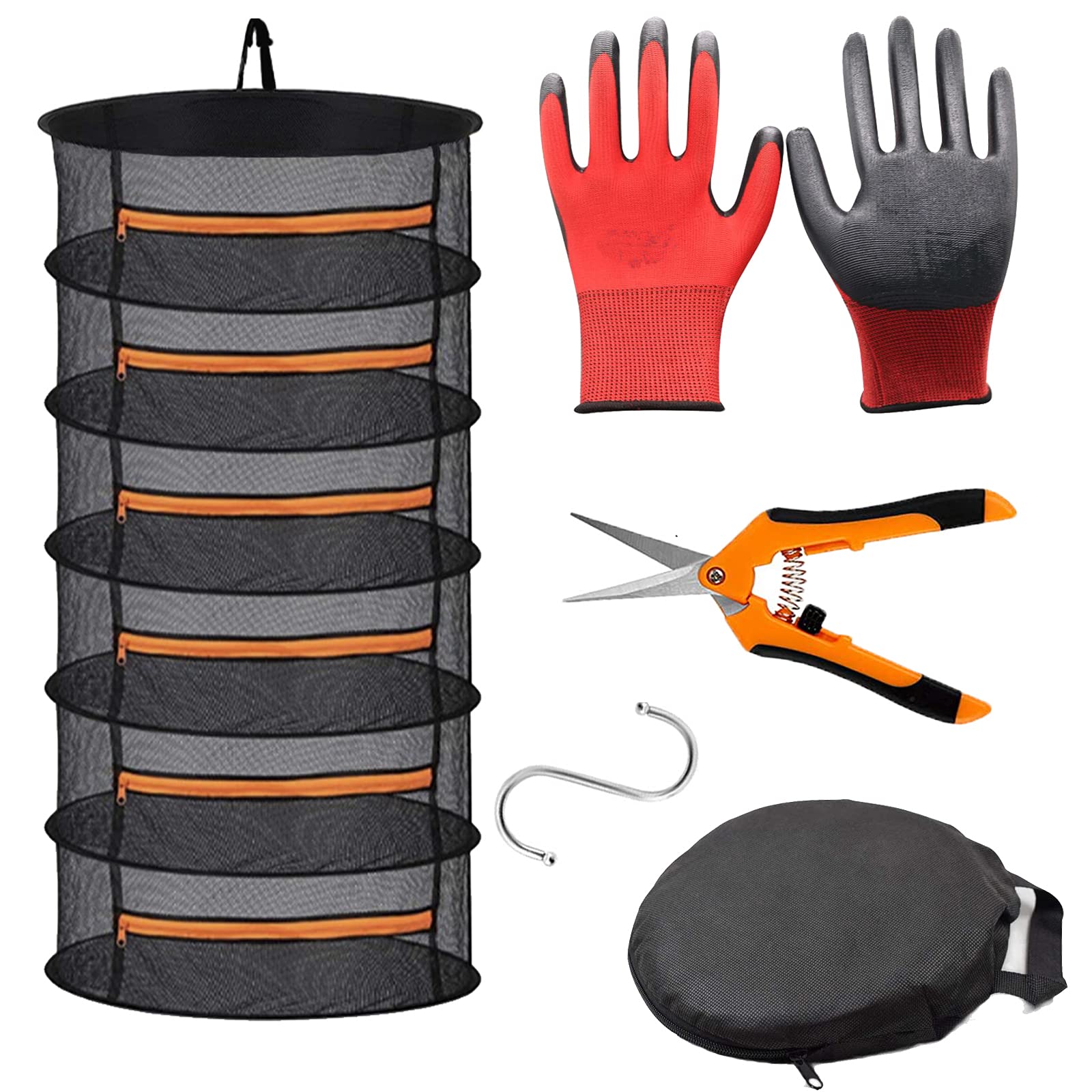 SNNRSUTU 2ft 6-Layer Mesh Hanging Herb Drying Rack with Orange Zippers - Perfect for Drying Plants, Herbs & Flowers - Ideal for Home Gardeners & Herbal Enthusiasts (Includes Free Garden Scissors) - Great for Indoor/Outdoor Use in Kitchens, Greenhouses & Backyards