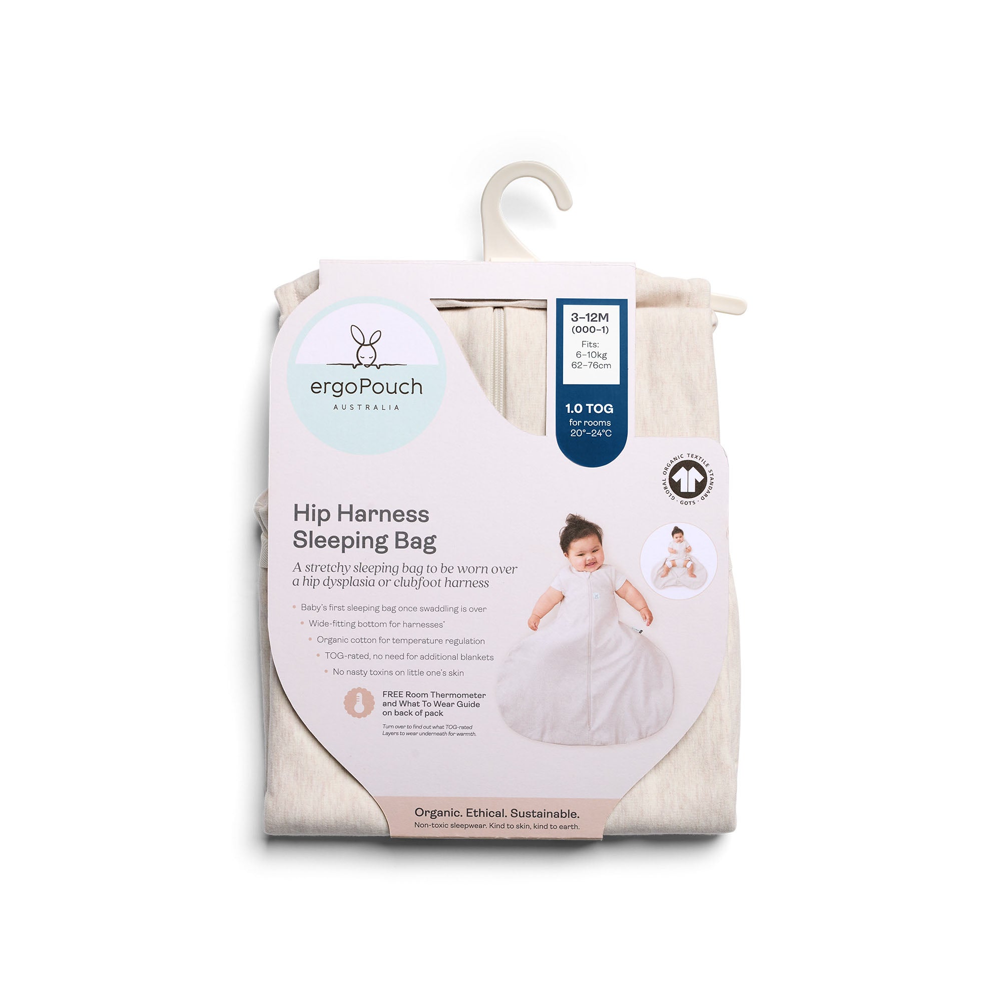 ergoPouch Hip Harness Jersey Sleeping Bag 1.0 TOG - Breathable Baby Sleep Sack for Newborns & Infants - Perfect for Nursery, Daycare & Travel - Oatmeal Marle Color