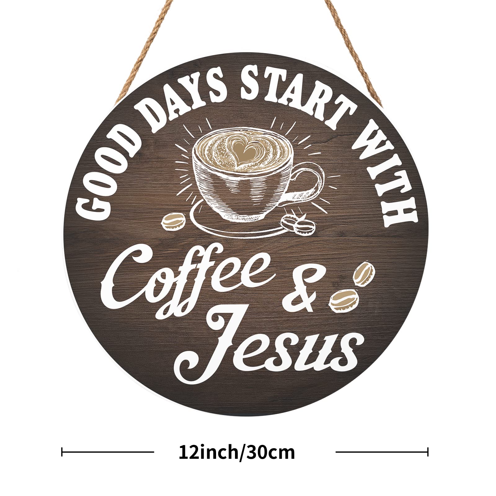 12'' x 12'' Round Wooden Coffee Sign - Rustic Coffee Bar Decor for Kitchen, Office & Coffee Lovers | Brown 'Good Days Start with Coffee & Jesus' Wall Art | Perfect for Coffee Shop, Home Decor & Gift Ideas