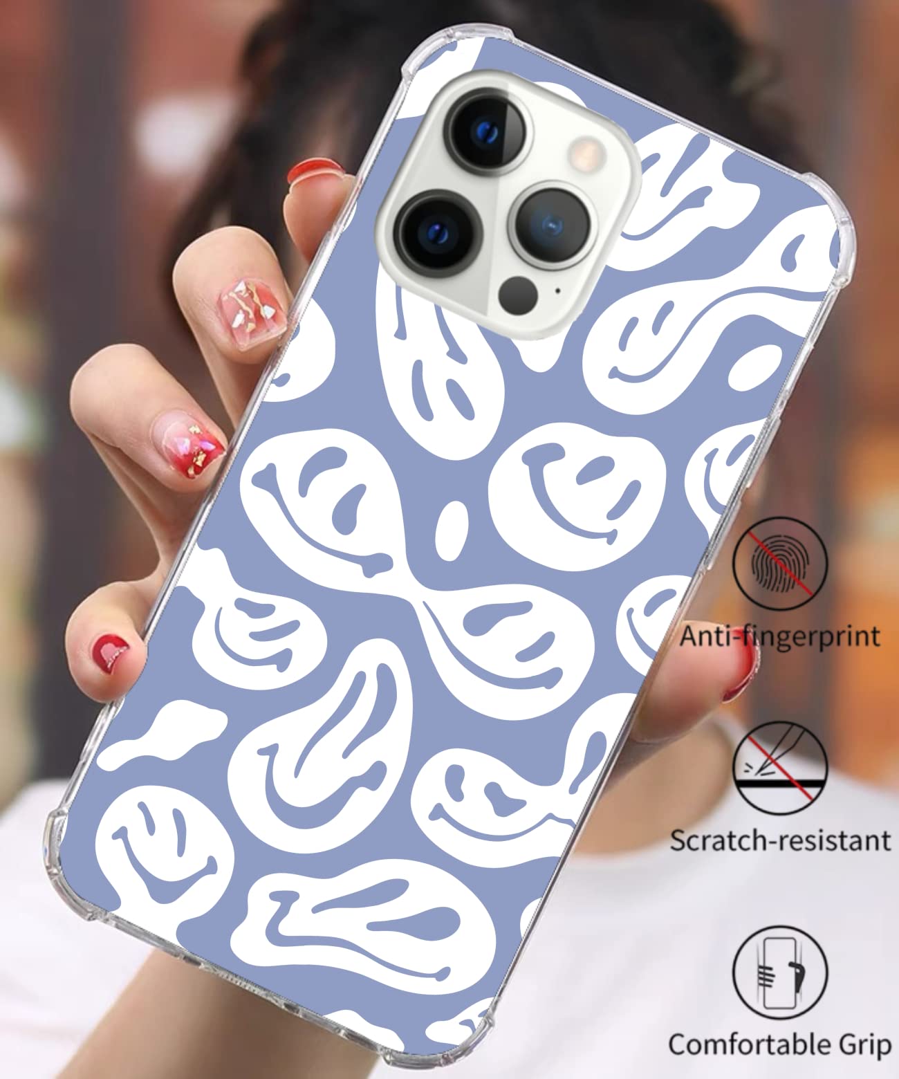 Trippy Smile Face iPhone 13 Pro Max Case - Blue & White Melted Design Funny Phone Cover for Women & Men | Trendy TPU Bumper Protection | Perfect for Music Festivals & Rave Parties