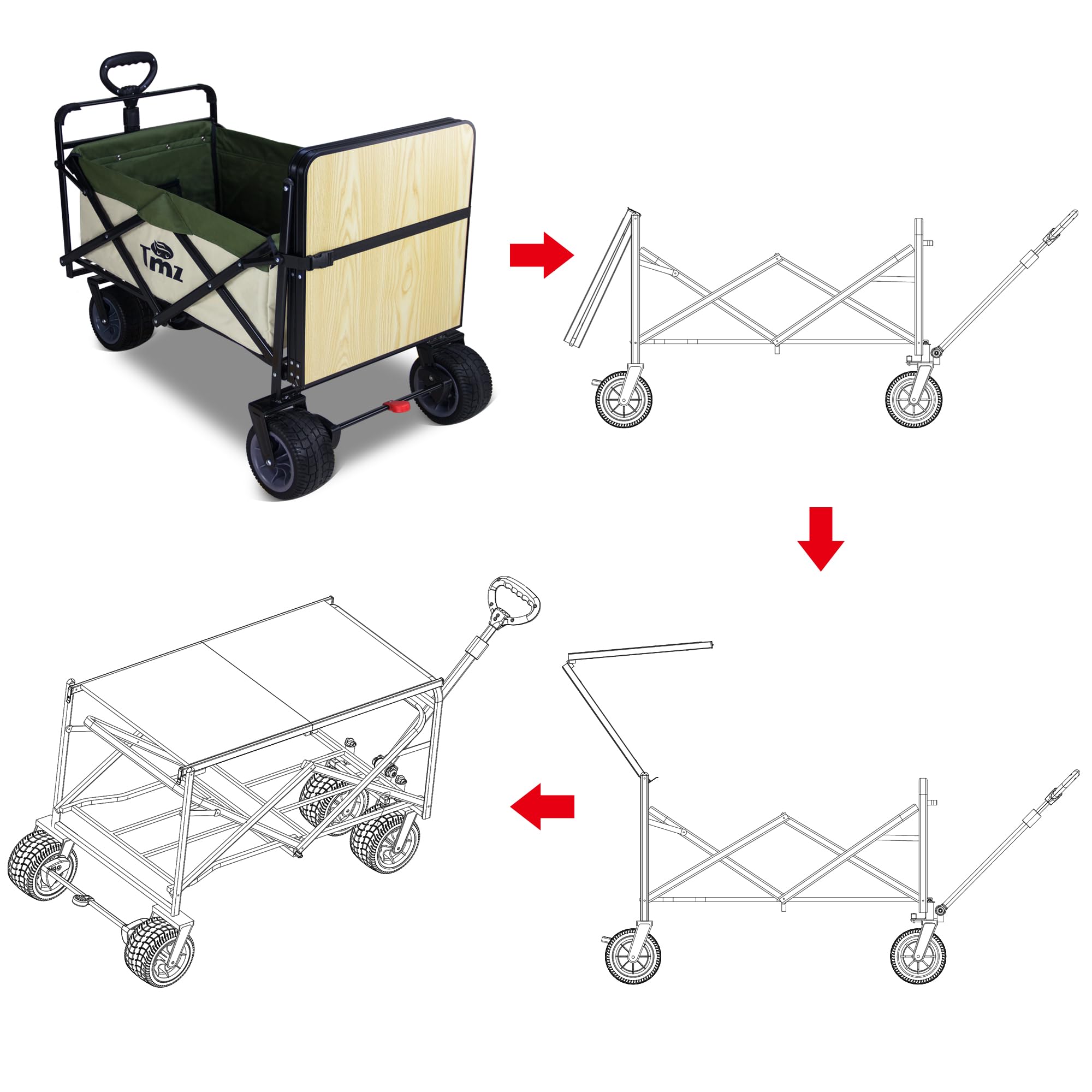 TMZ Heavy Duty Folding Wagon Cart with Removable Table - Collapsible Beach Utility Cart for Camping, Grocery Shopping, Picnics & Outdoor Activities (Beige/Green) - Perfect for Beach Trips, Tailgating & Farmers Market Use