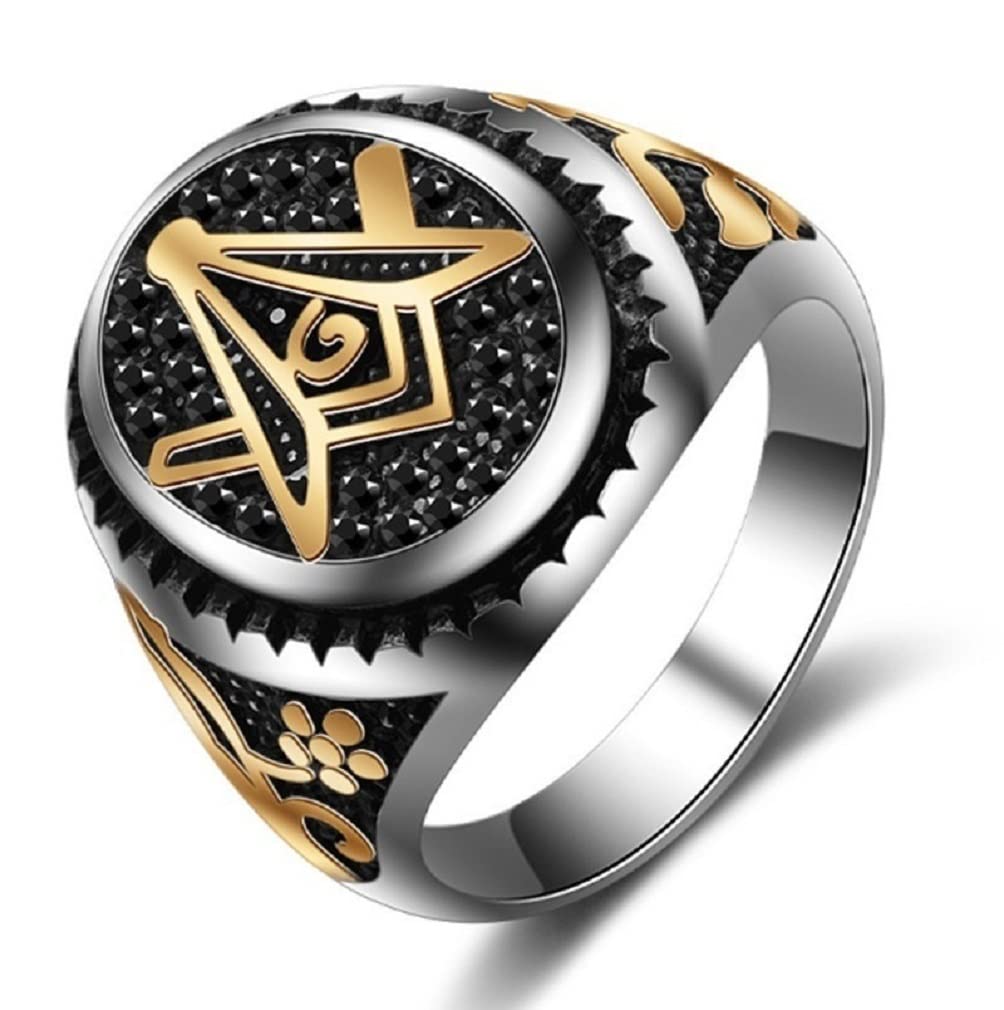PikaLF Masonic Ring for Men - Gold Tree of Life Freemason Symbol Ring | Hip Hop Biker Jewelry | Religious Amulet & Punk Style Gift | Perfect for Masonic Ceremonies, Biker Events & Fashion Statements