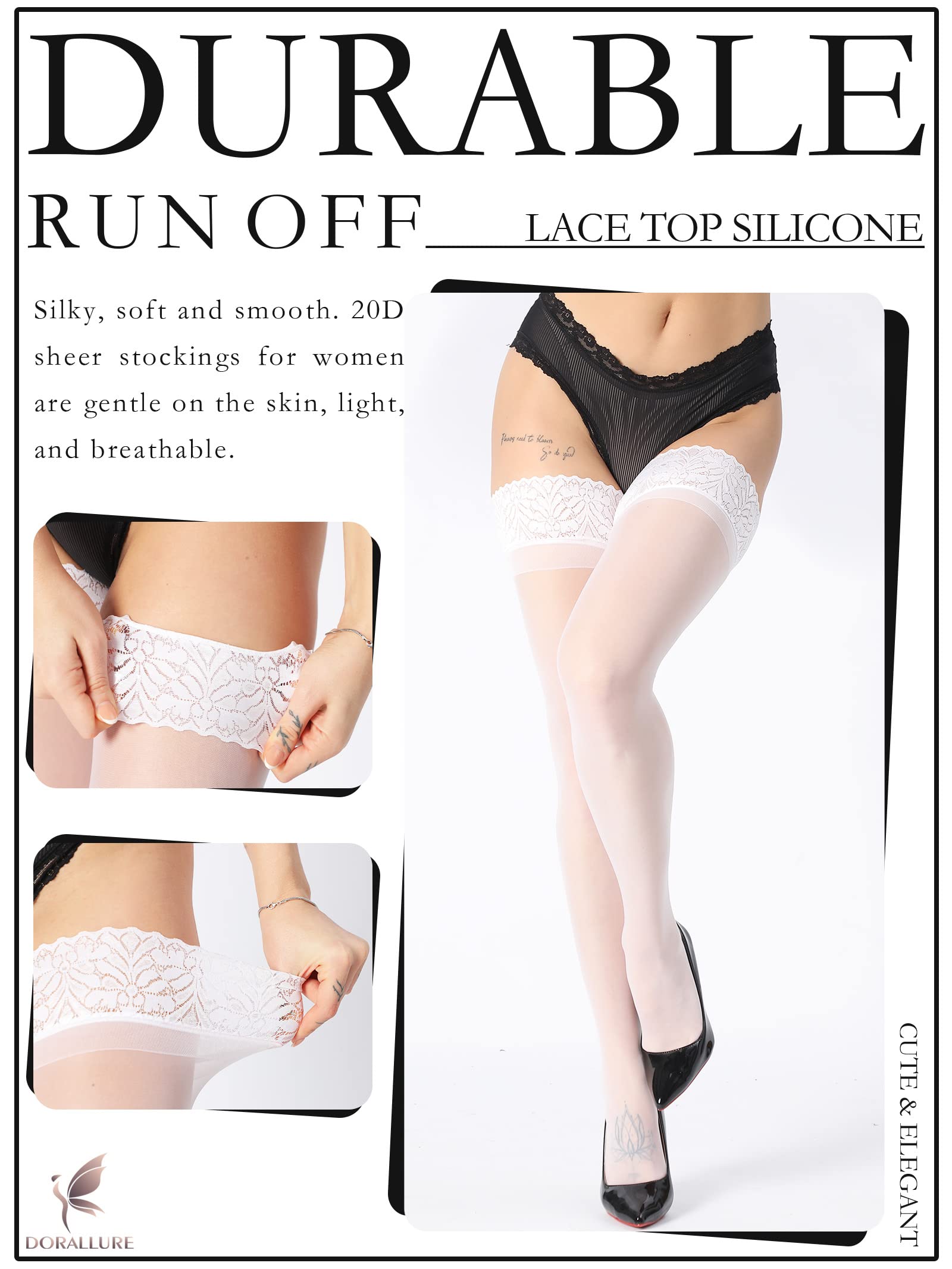 DORALLURE Women's Thigh High Stockings - Silicone Lace Top Stay Up, Silky Semi-Sheer Pantyhose, Nylon Hold Up Stockings for Everyday Wear & Special Occasions