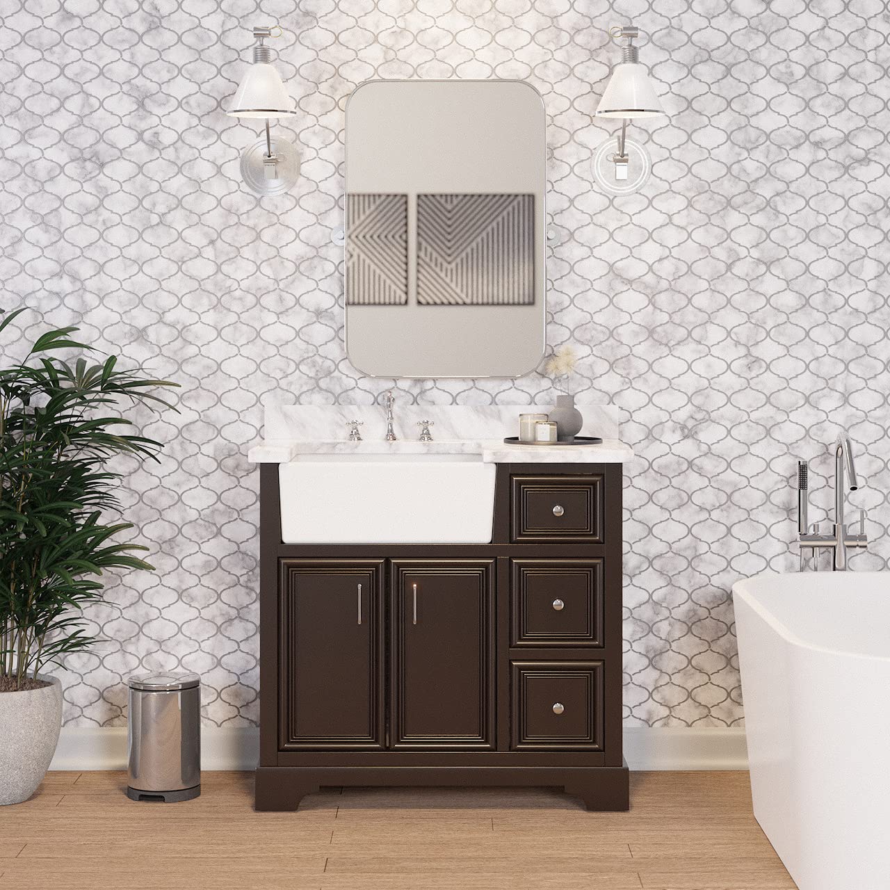 36-inch Farmhouse Vanity with Carrara Marble Top & Apron Sink - Chocolate Wood Cabinet & White Ceramic Sink for Bathroom or Kitchen Remodel - Rustic Style Home Decor