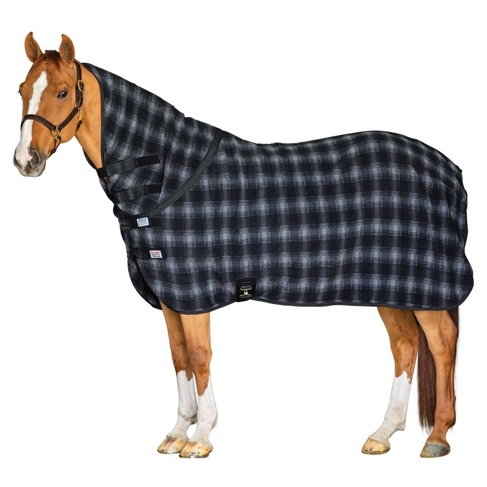 Printed Contour Fleece Cooler Blanket for Horses - Extra Coverage, Elegant Black & Gray Plaid Design - Provides Ultimate Warmth & Comfort - Perfect for Cold Weather Riding, Training, and Stable Use