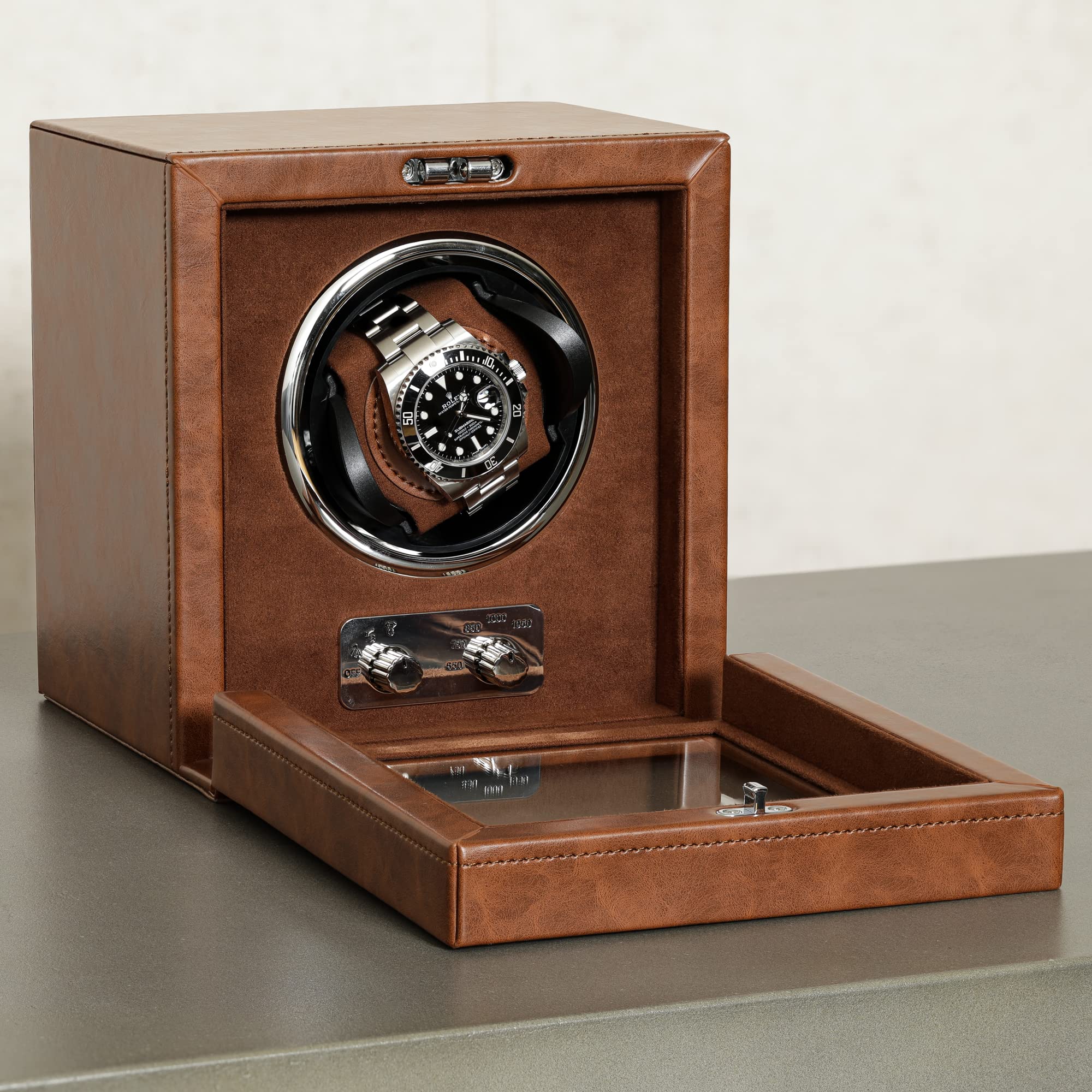 Premium ROTHWELL Single Automatic Watch Winder - Ultra Quiet Motor, 3 Speed Settings & Adjustable Rotation - Luxury Tan/Brown Leather - Perfect for Watch Collectors & Automatic Timepiece Storage