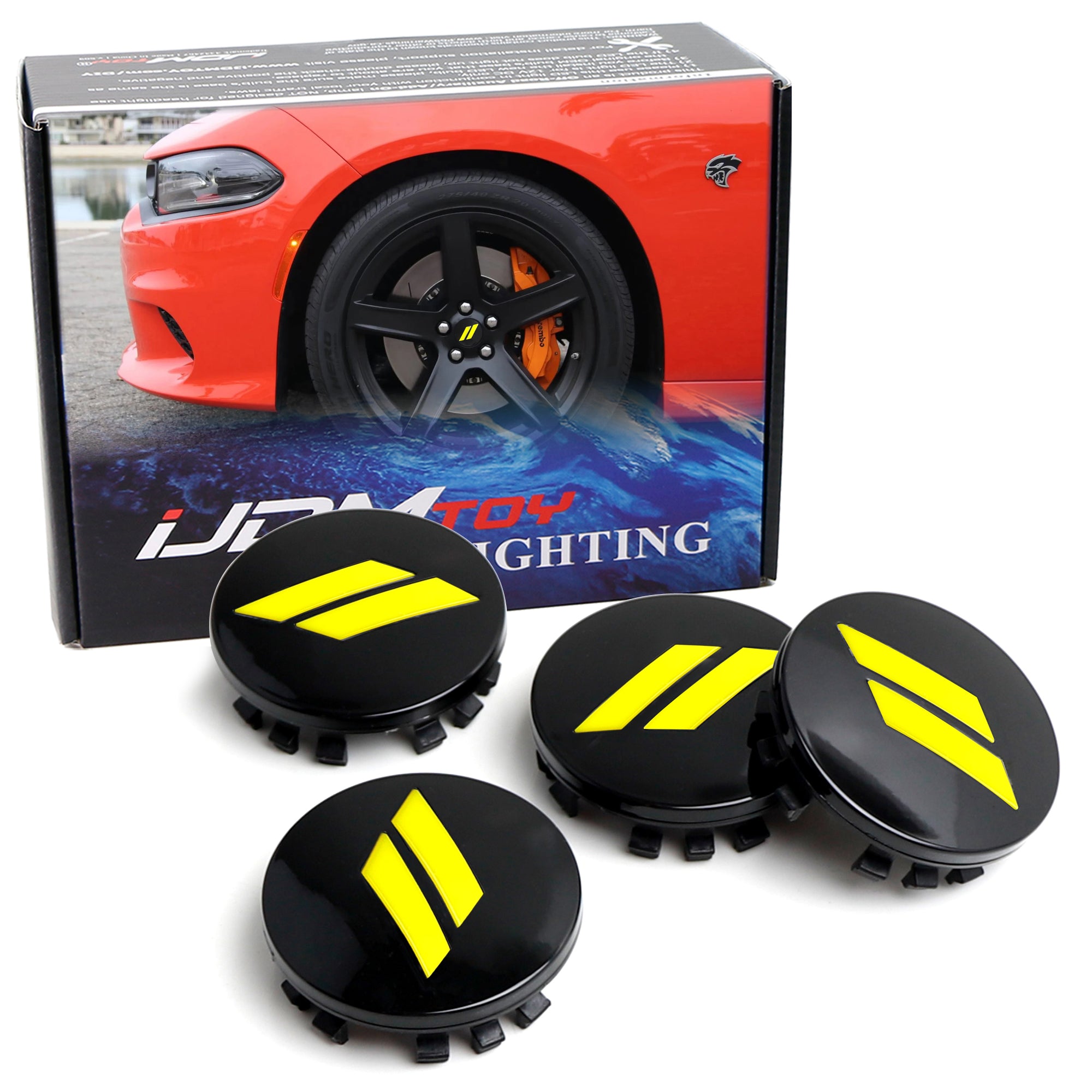 4-Piece 63mm Yellow Slash Wheel Center Caps for Dodge Charger, Challenger, Durango - Upgrade Your Ride's Style (Fits 2005-2023 Models) - Perfect for Car Shows & Custom Wheel Protection