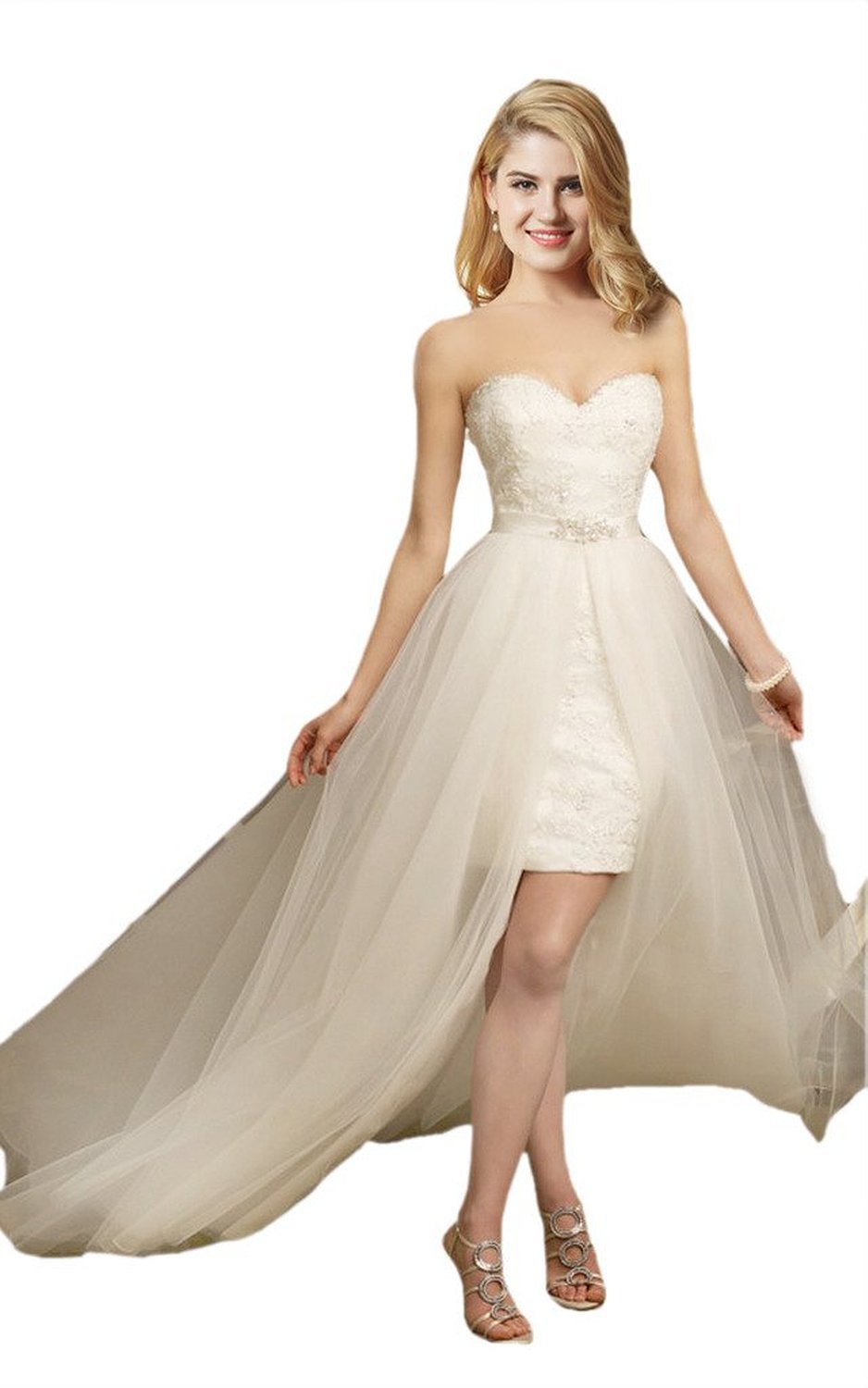 Elegant White Lace Wedding Dress for Women with Detachable Tulle Skirt - Perfect for Beach, Garden & Destination Weddings