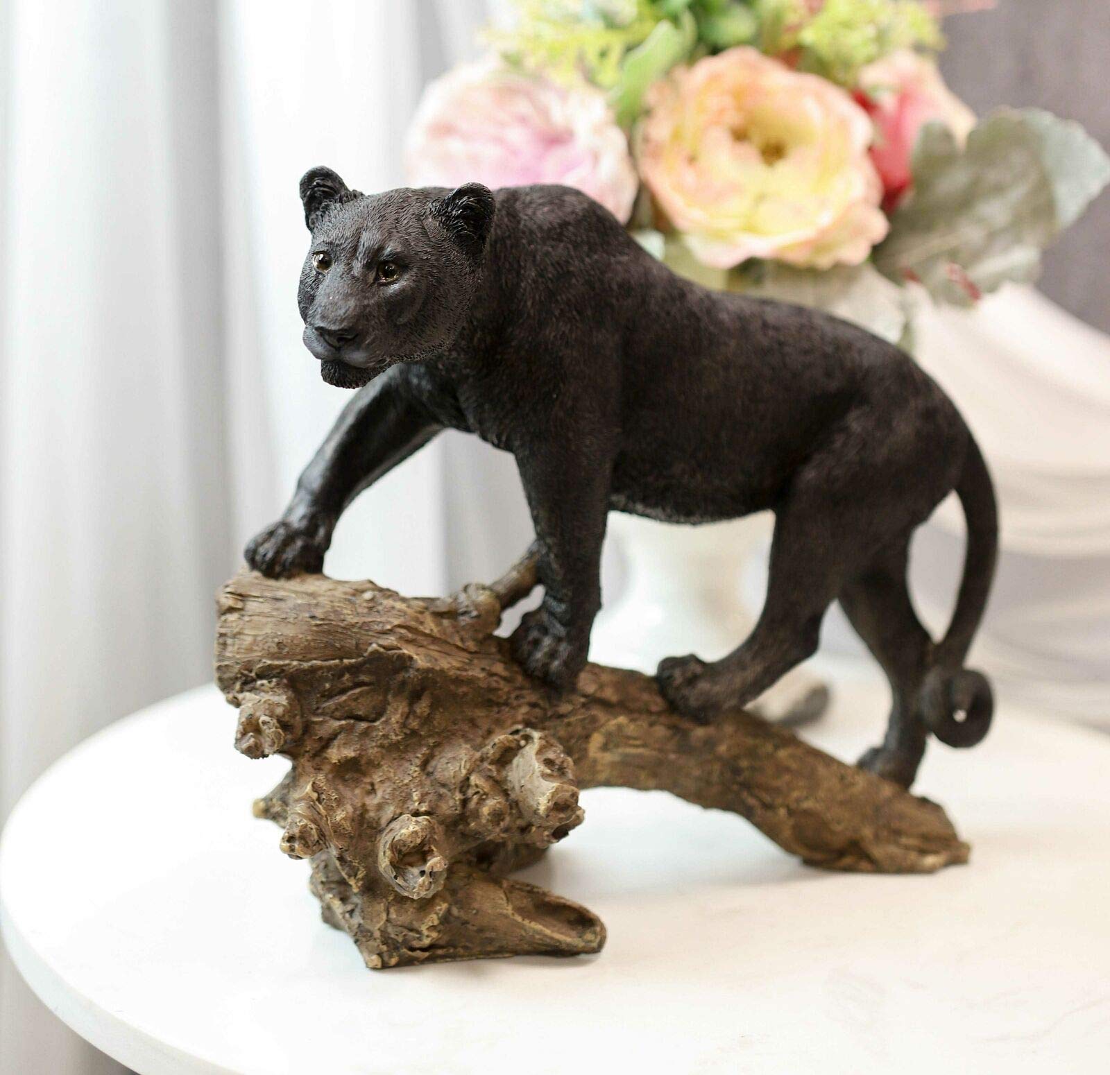 Funny Ghost Hunter Black Panther Cougar Statue on Weathered Tree Log - Unique Jaguar Figurine Home Decor for Halloween, Office Desk, or Gift Idea