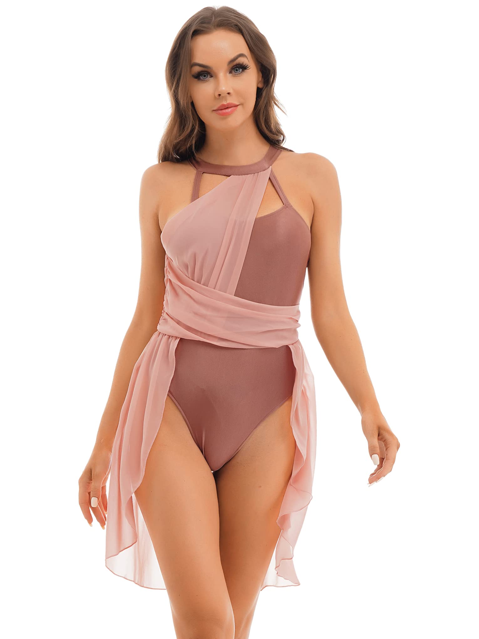 JanJean Women's Halter Neck Color Block Lyrical Dance Leotard - Split Hem Ballet Modern Dance Costume for Performances & Competitions | Breathable Stretch Fabric for Comfortable Movement