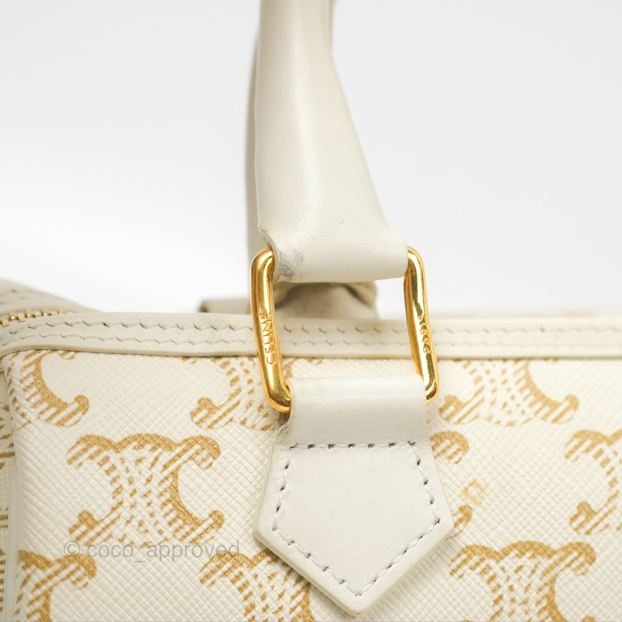 Celine Small Triomphe Canvas Boston Bag in White Calfskin Leather - Luxury Crossbody Handbag for Women, Perfect for Work, Travel & Everyday Use