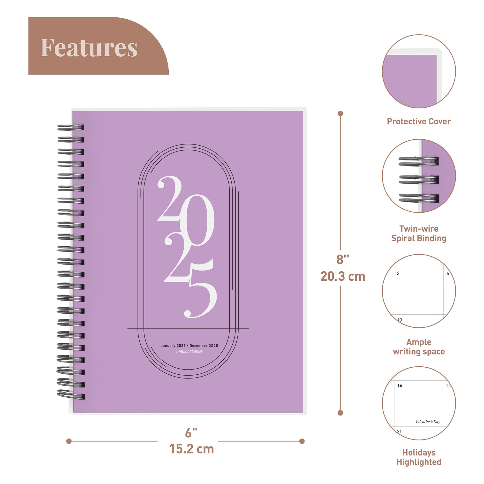 Rileys 2025 Weekly Planner - 2025 Monthly & Weekly Calendar Organizer with Flexible Cover, Notes Pages, Twin-Wire Binding (8 x 6 Inches, Purple) - Perfect for Work, School, and Personal Scheduling