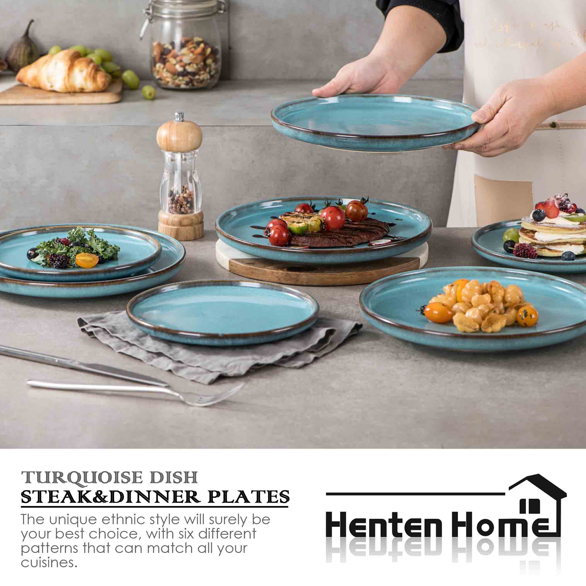 Henten Home 10 Inch Ceramic Dinner Plates Set of 4 - Porcelain Pasta Plates, Fluted Round Plates for Kitchen, Steak, Salad - Scratch Resistant, Dishwasher & Microwave Safe (Aqua) - Perfect for Dining, Entertaining & Restaurant Use