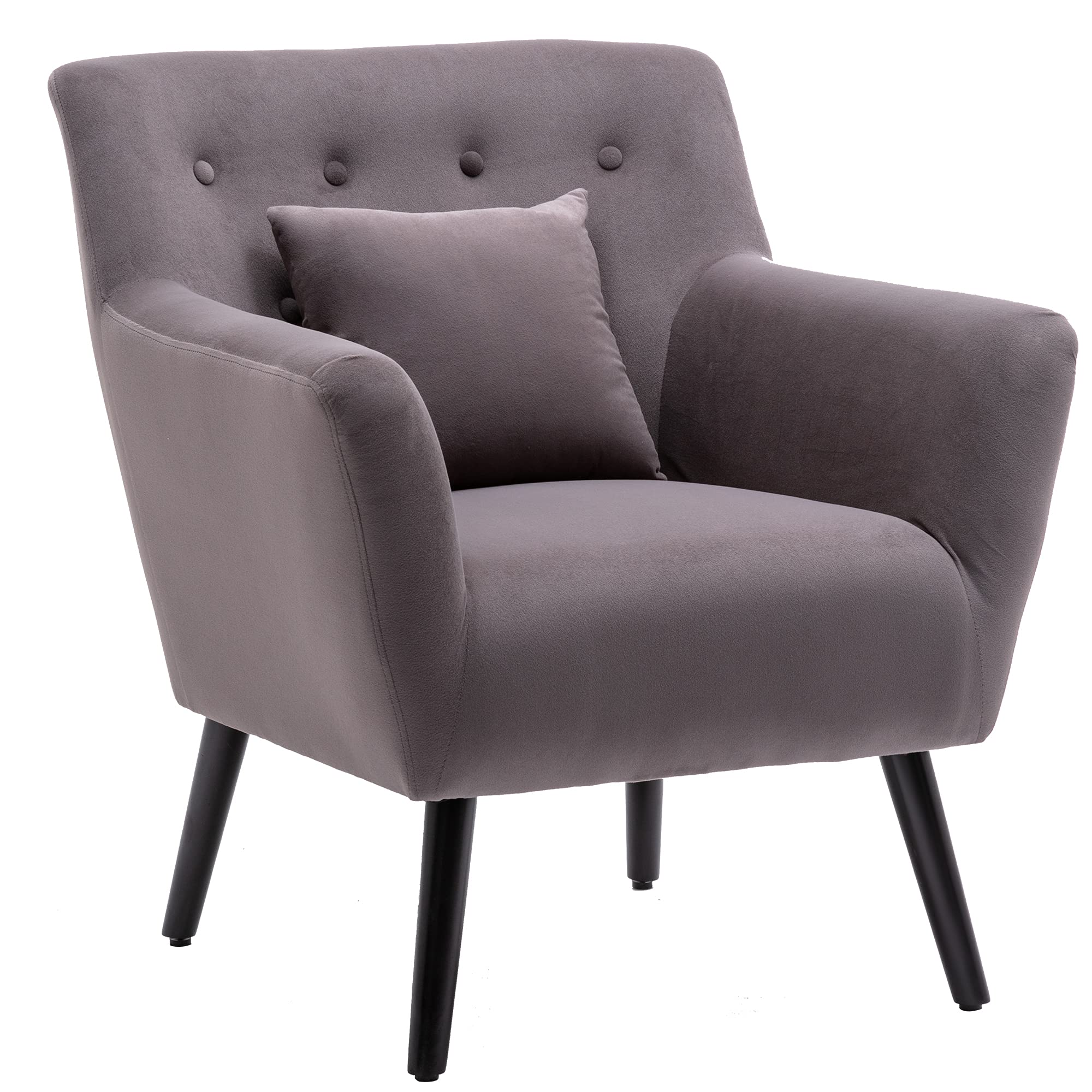 Mid Century Modern Upholstered Accent Chair with Waist Pillow - Solid Wood Legs & Linen Fabric - Stylish Armchair for Living Room, Bedroom, Office - Perfect for Relaxing, Reading & Home Decor (Gray)