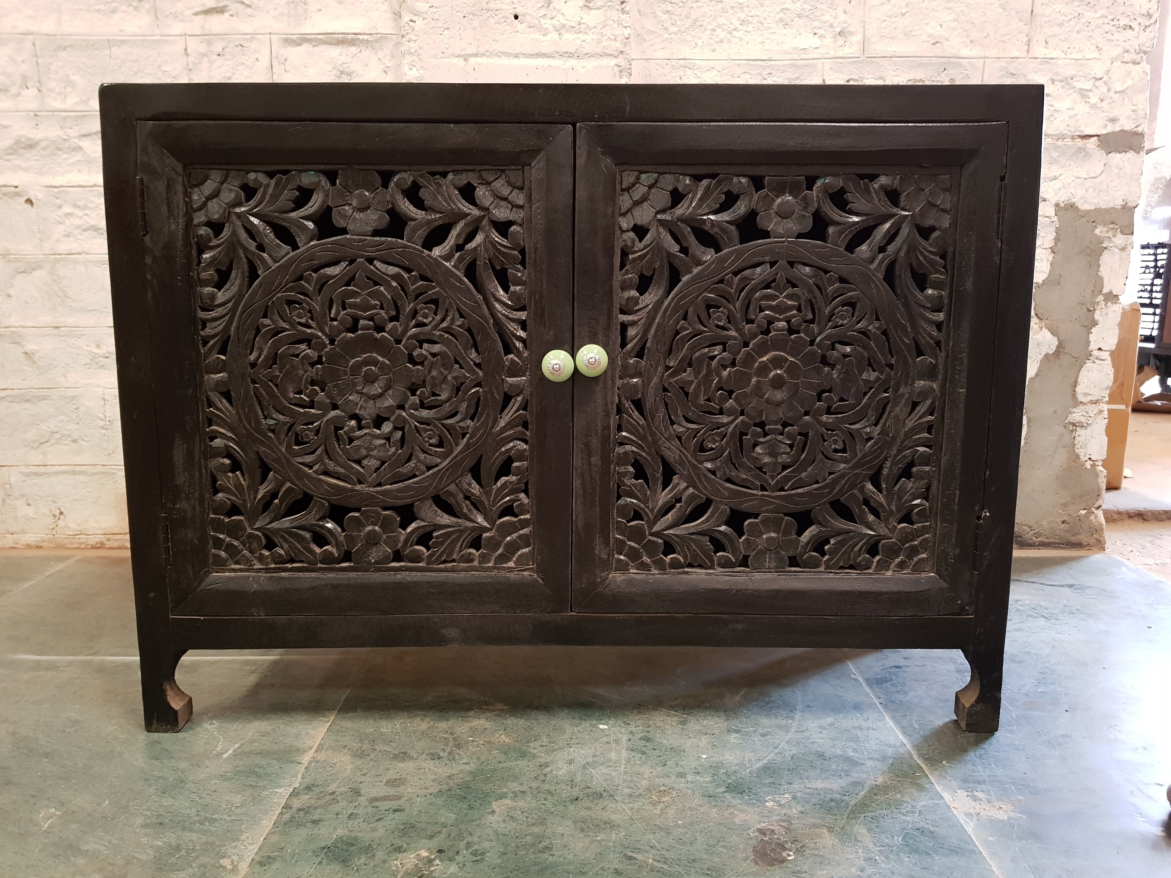 Hand Carved Indian Solid Wood Small Buffet Sideboard - Traditional Dynasty Style for Dining Room, Living Room & Entryway Storage