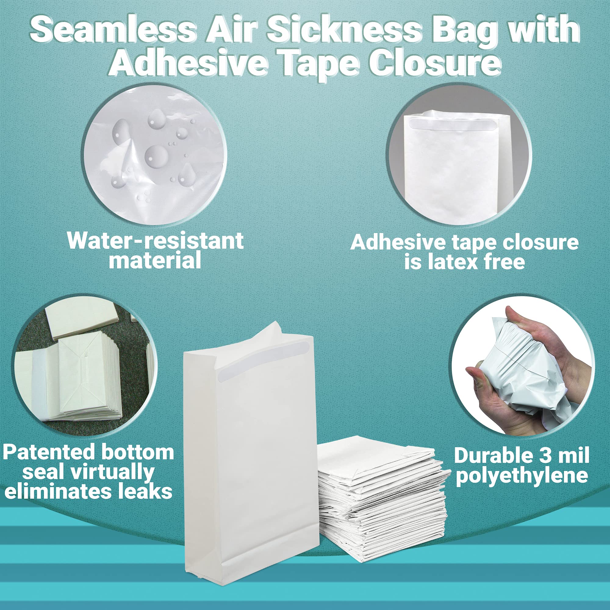 1000 Pack White Disposable Air Sickness Bags with Adhesive Tape Closure - 4.5