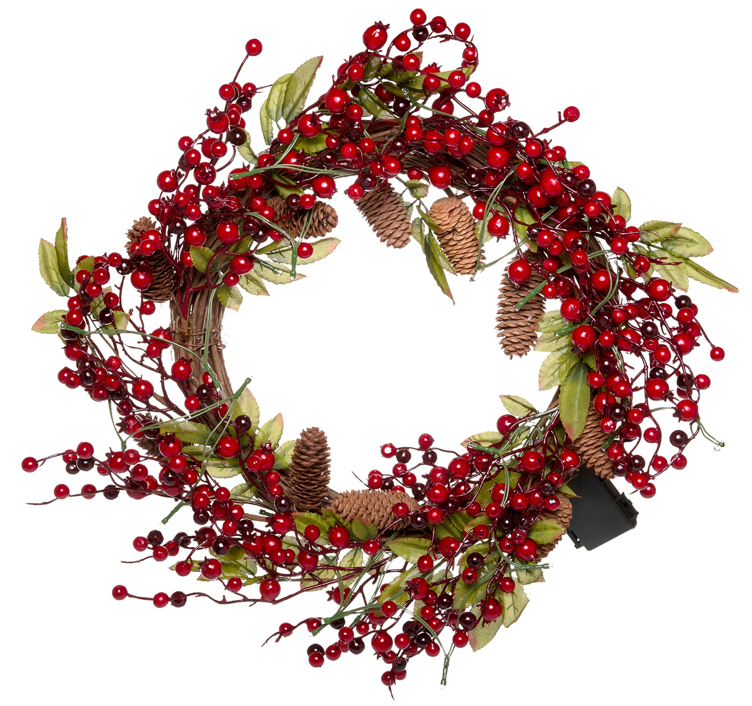 22-Inch Battery-Operated LED Christmas Wreath with Red Cranberries, Pinecones & Leaves - Light-Up Holiday Decor with Timer for Front Door, Fireplace & Indoor/Outdoor Decorations