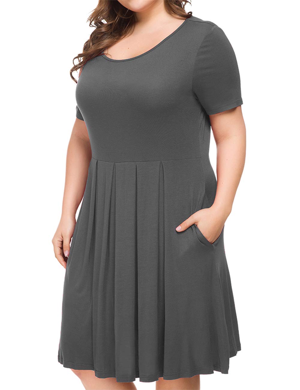 **Tralilbee Women's Plus Size Short Sleeve Dress - Casual Pleated Swing Dress with Pockets for Summer, Travel & Everyday Wear**